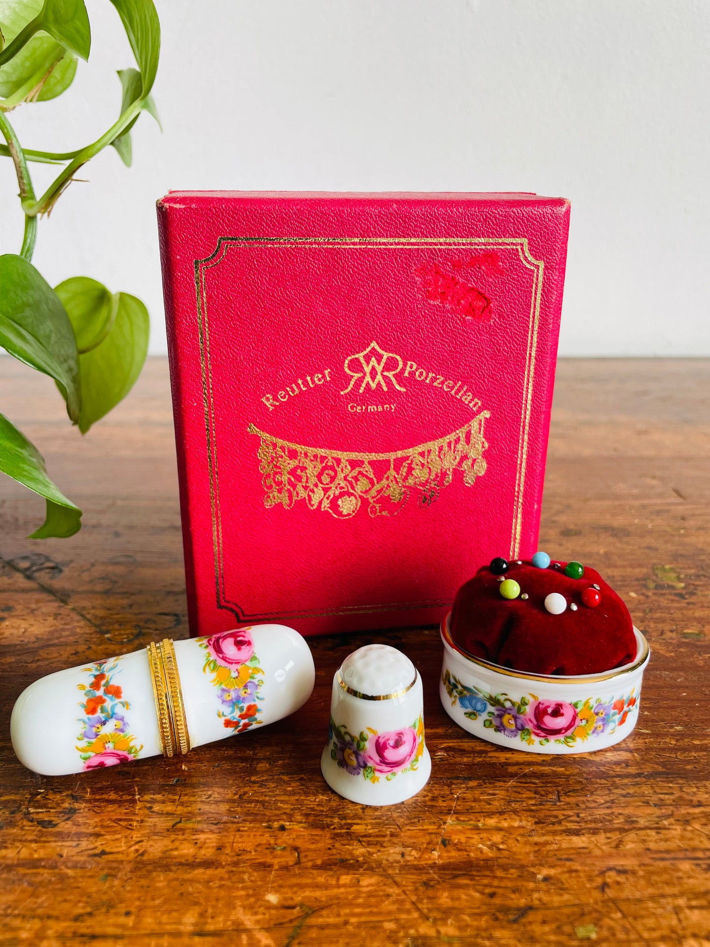 Brand New Vintage Porcelain Sewing Notions Gift Set in Original Box - Reutter Porzellan Germany - Includes Thimble, Pincushion & Needle Holder