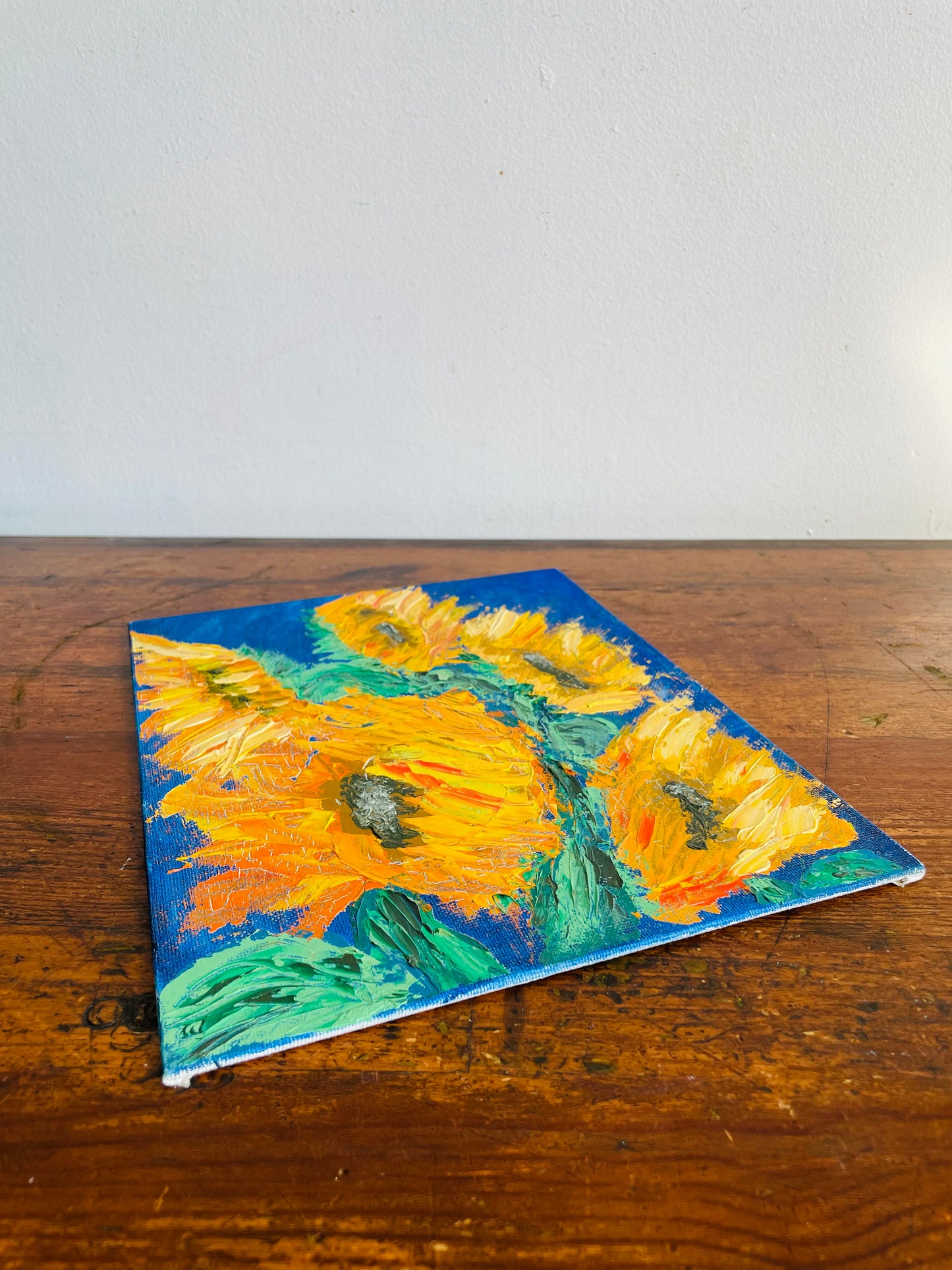 Original Art Oil Painting on Canvas of Bright Yellow Sunflowers on Blue Background - 8" x 10"