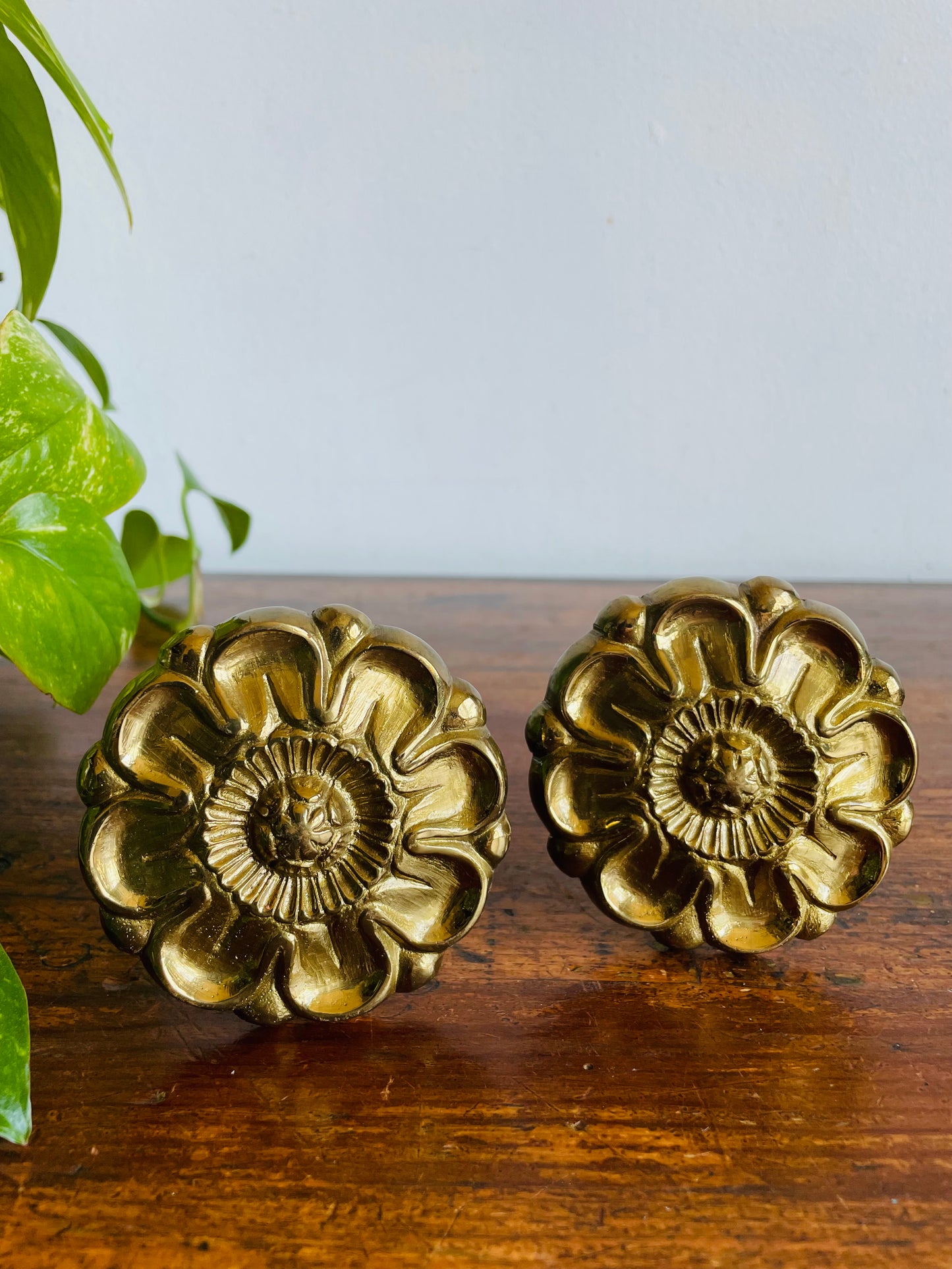 Vintage Pair of Ornate Brass Floral Curtain Tiebacks / Holdbacks or Wall Hook Decor - Set of 2