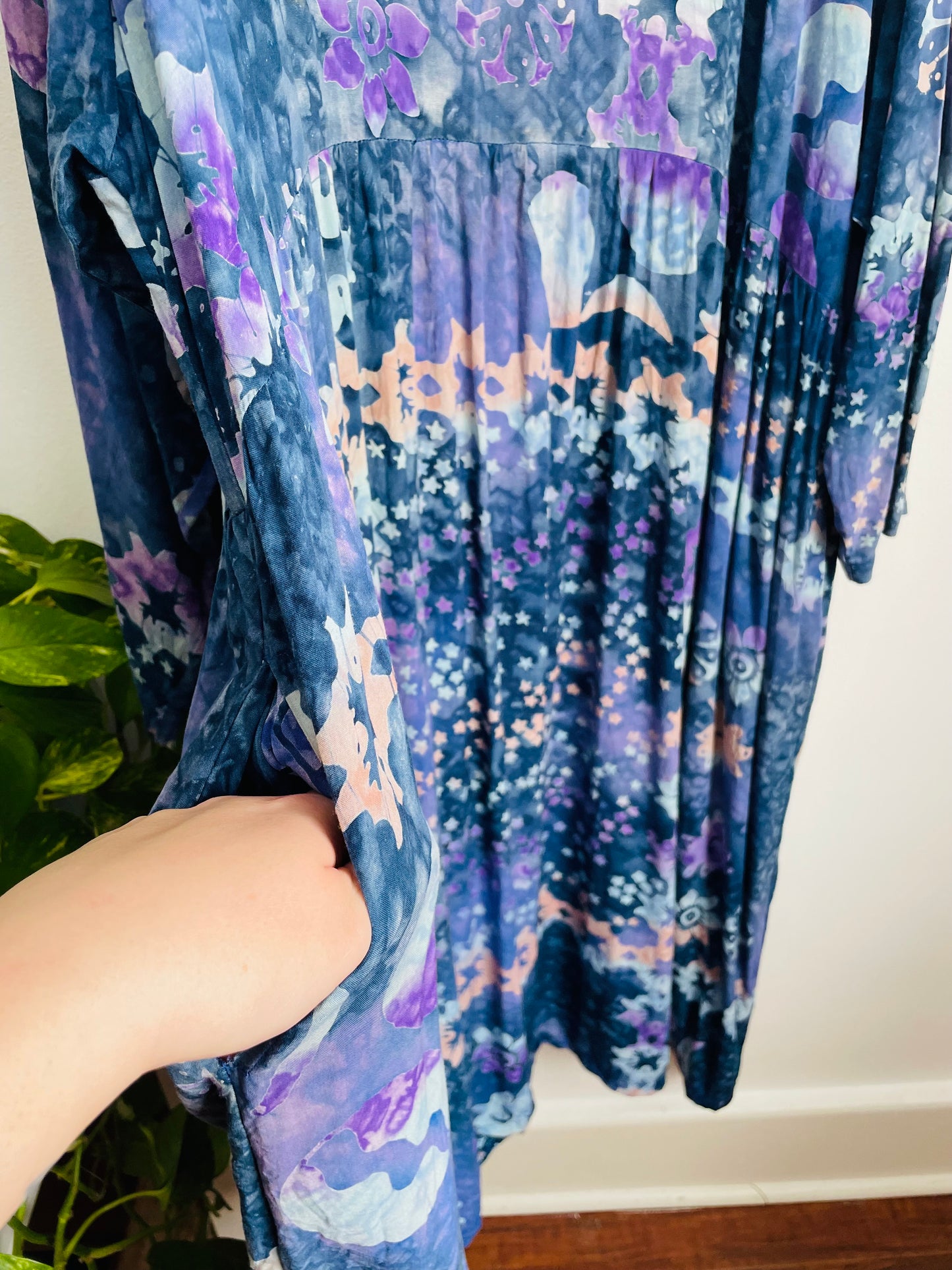 100% Rayon Maxi Dress with Pockets & Batik-Style Celestial Design - Made in Indonesia - Fits up to Size 4x