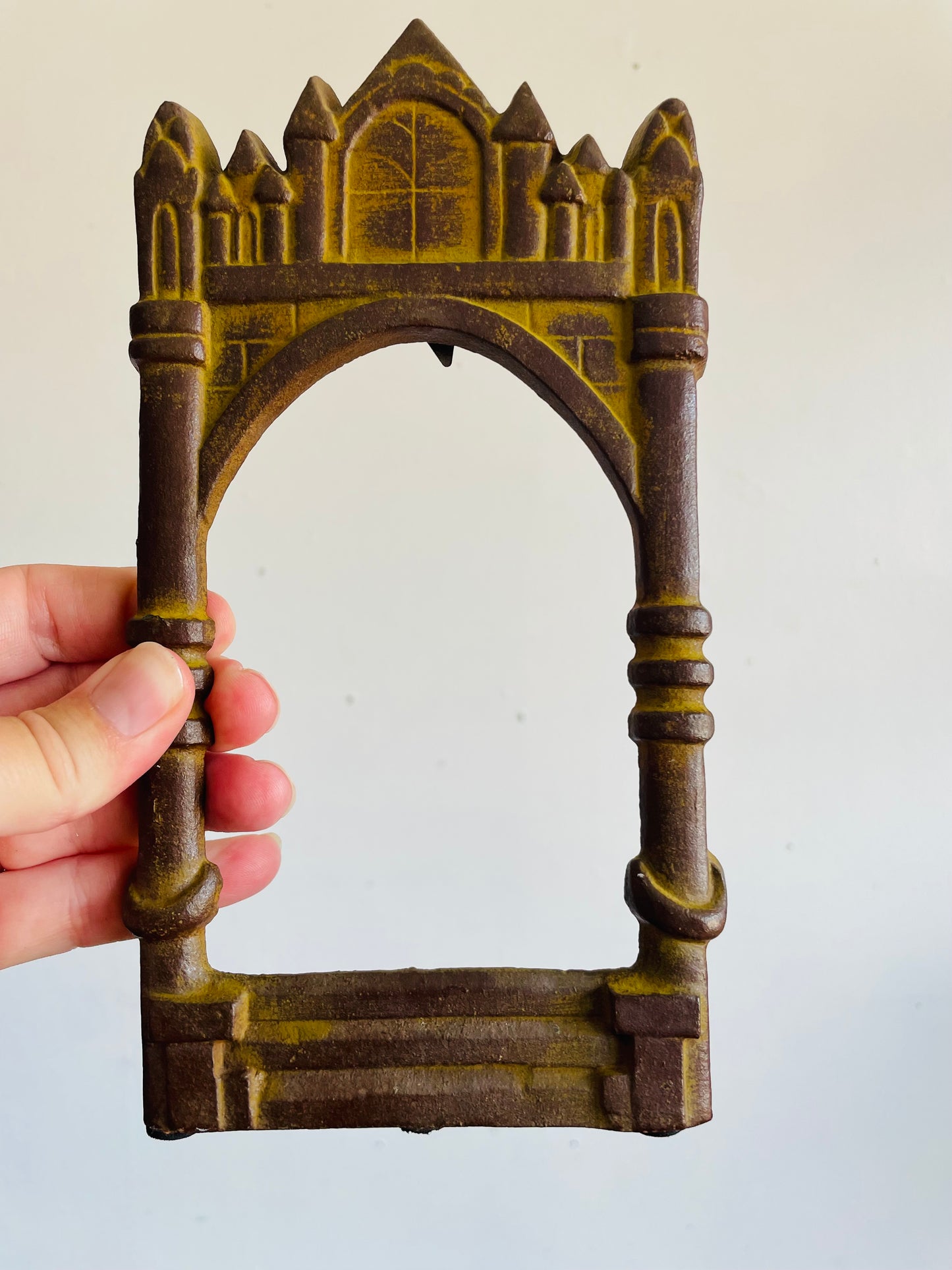 Vintage Solid & Heavy Cast Iron Arched Window Castle Shaped Picture Frame - 3" x 4.75" Photo Size