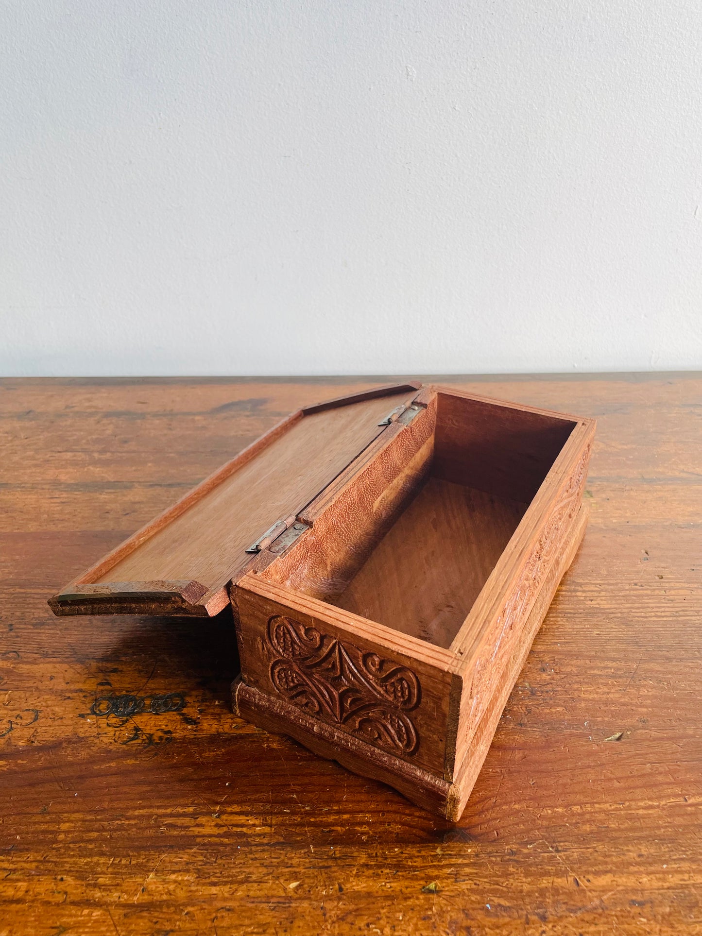 Sturdy Hand Carved Wooden Trinket Box with Interesting Design & Hinged Lid