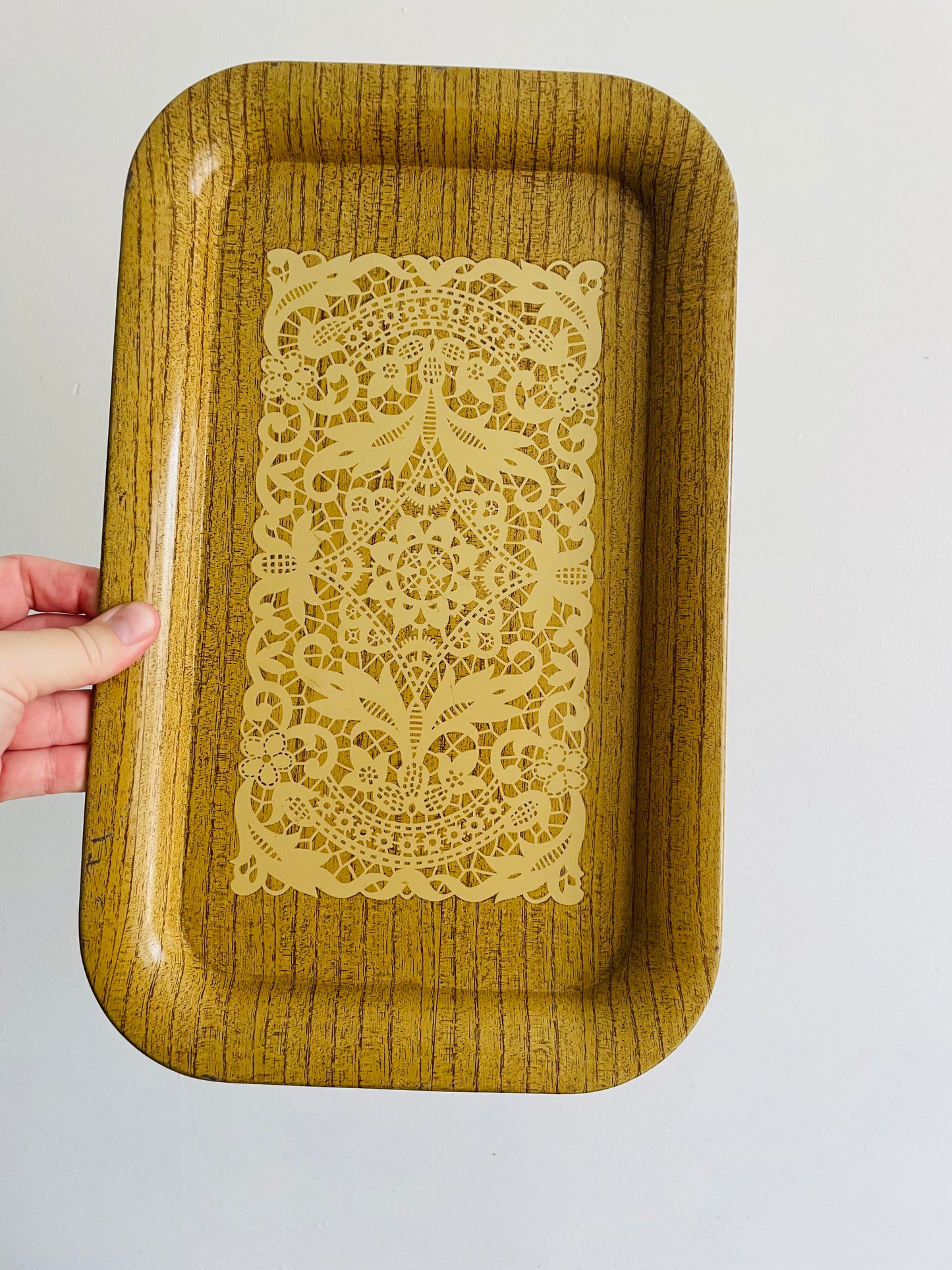Faux Wood & Doily Design Tin Metal Individual Serving Trays - Set of 4