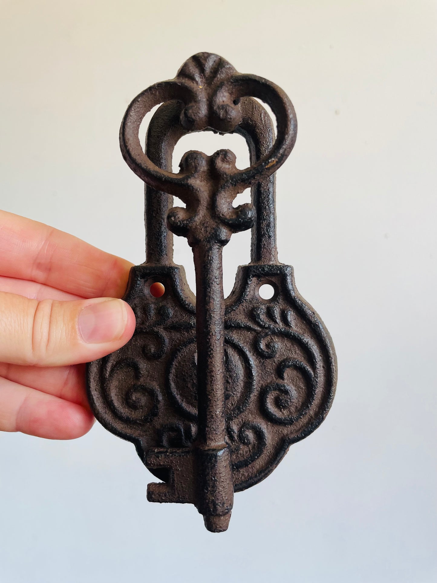 Cast Iron Door Knocker Shaped Like an Ornate Lock & Skeleton Key