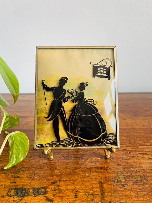 Mini Reverse Painted Silhouette Lithograph Picture on Convex Bubble Glass - Courting Couple on Cobblestone Streets