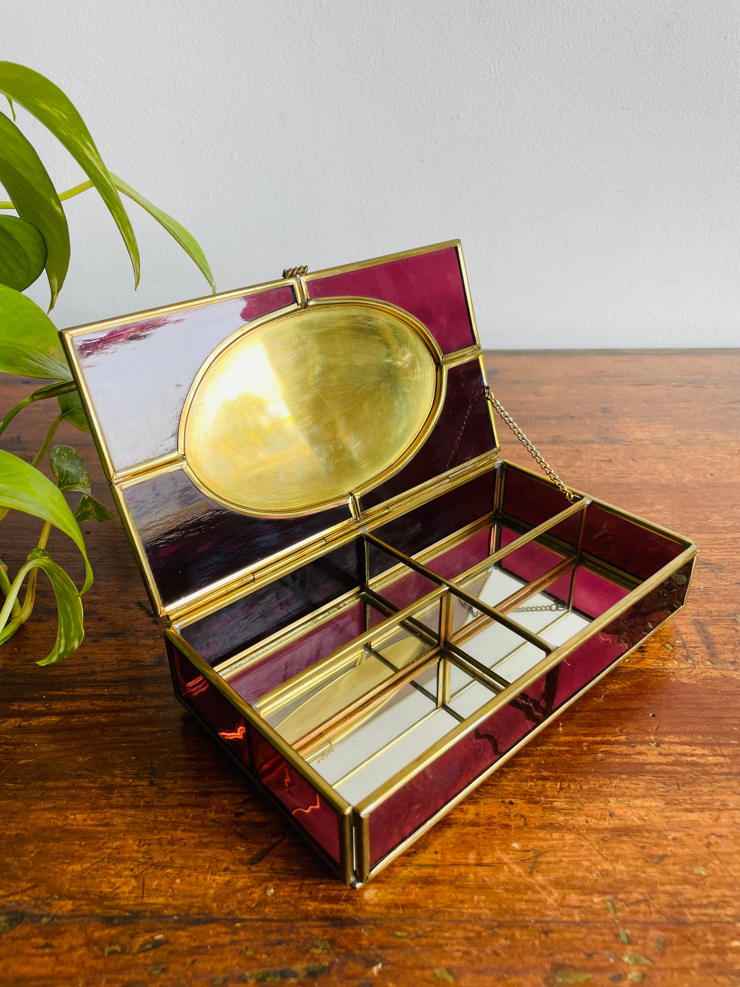 Enesco Corporation Purple Glass & Brass Divided Sectional Jewellery Box with Flower Lid - Made in Mexico
