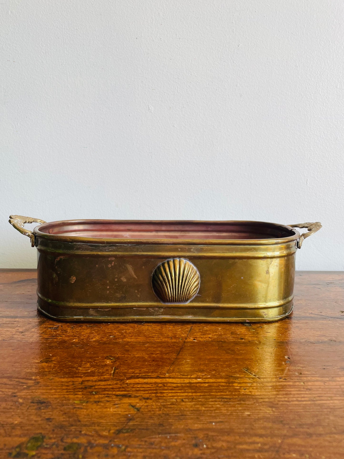 Solid Brass Long Planter Trough with Floral Handles & Shell Design - Made in India