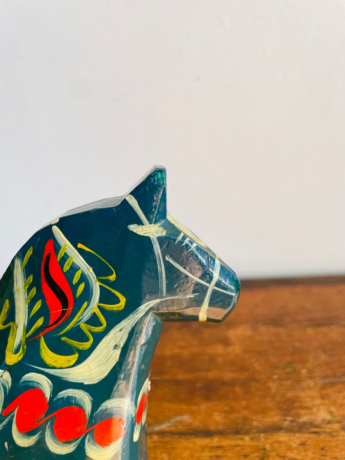 Vintage Swedish Painted Blue & Red Wood Dala Horse Figurine - Nils Olsson Scandinavian Folk Art