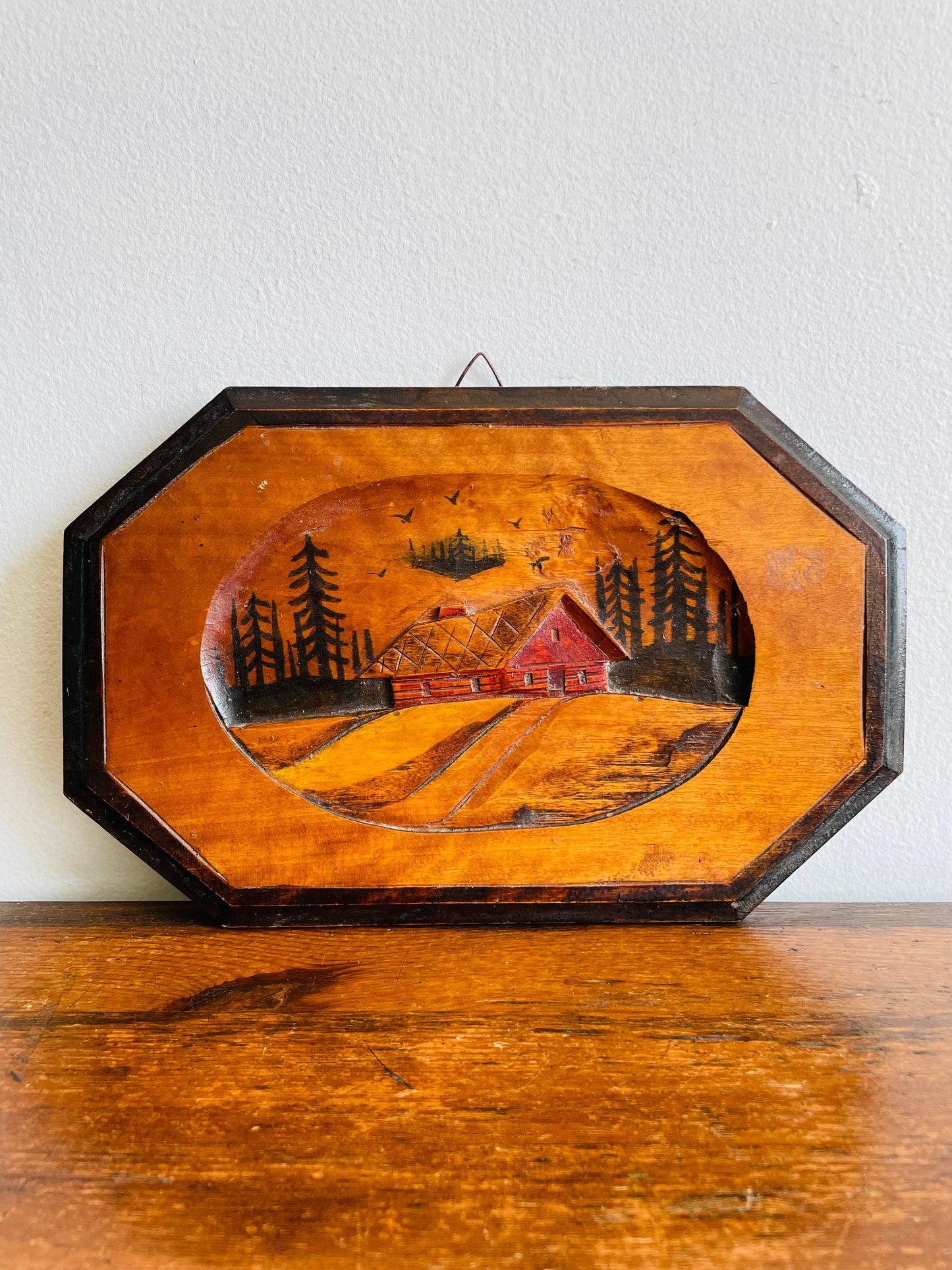 Red Cabin in Forest Picture - Carved from a Single Piece of Wood