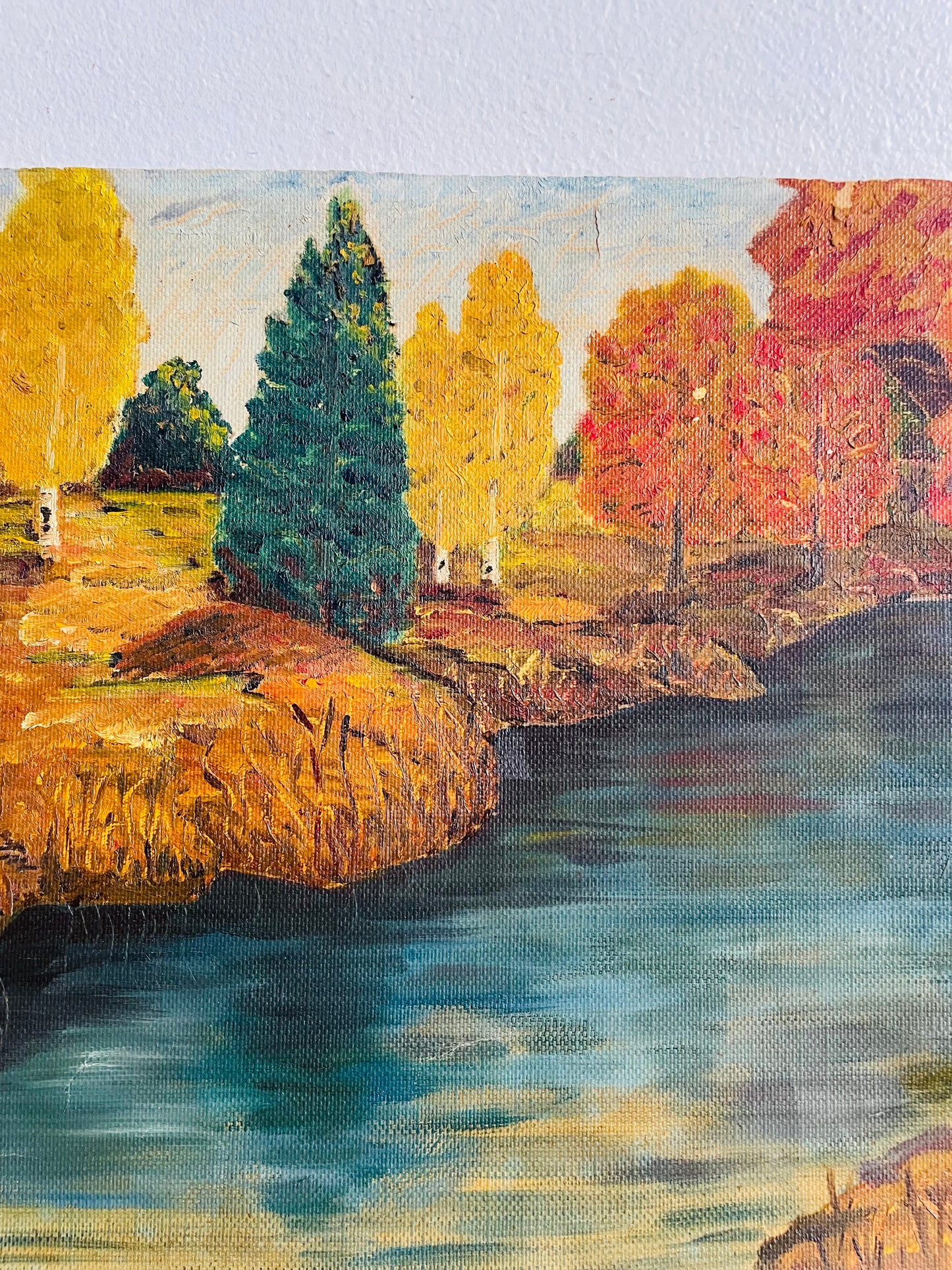 Original Art Painting on Canvas of Forest in Autumn Along River