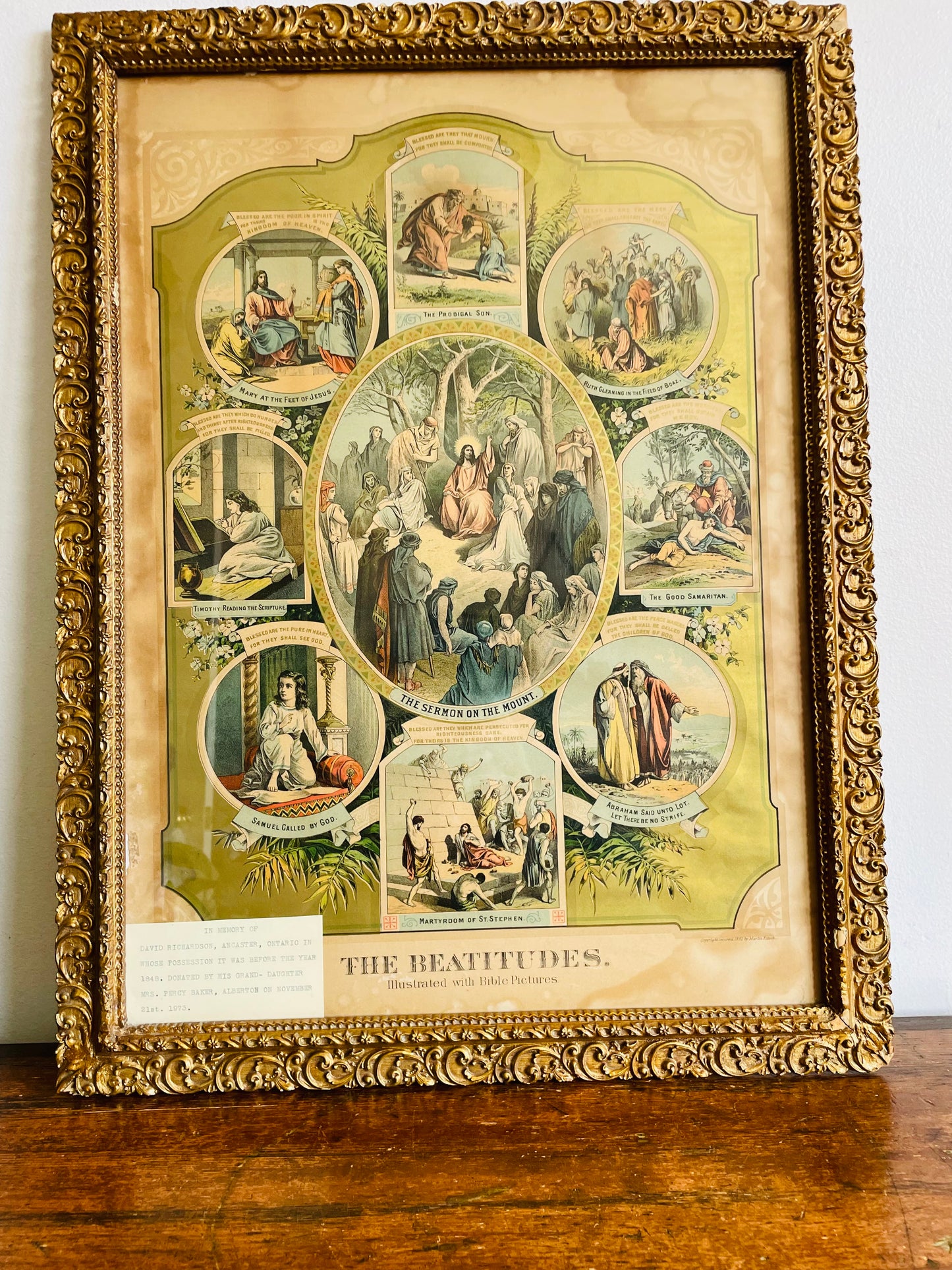 Antique 1800s The Beatitudes Chromolithograph with Bible Pictures Religious Print Picture by Martin Yauch (1882) - Found at Alberton Presbyterian Church - Once Owned by David Richardson from Ancaster, Ontario