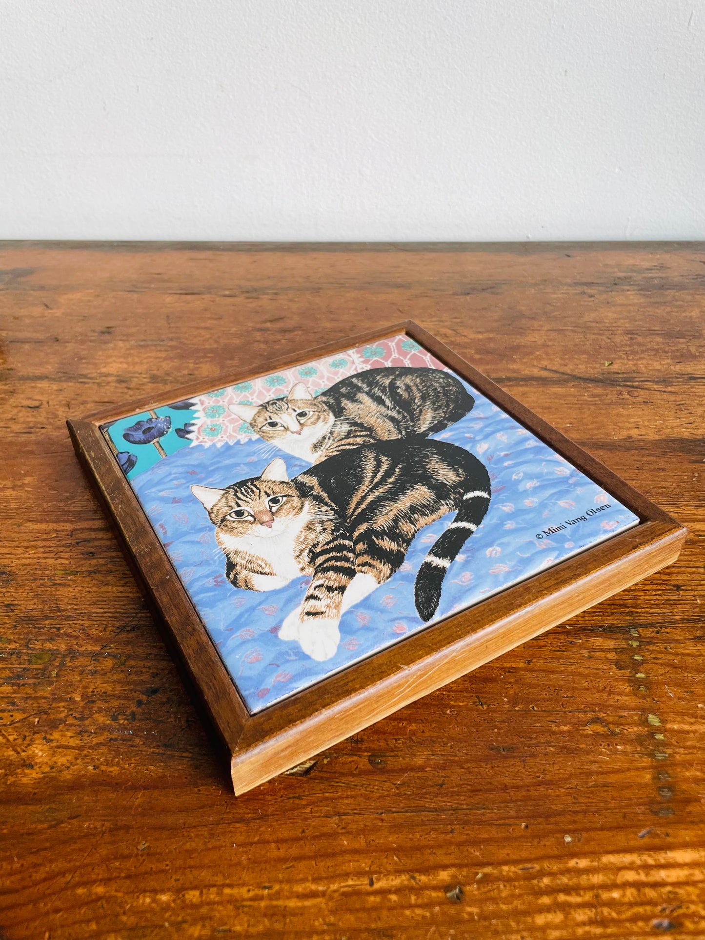 Mimi Vang Olsen Wood & Tile Cat Trivet or Wall Hanging Picture - Orient Taiwan