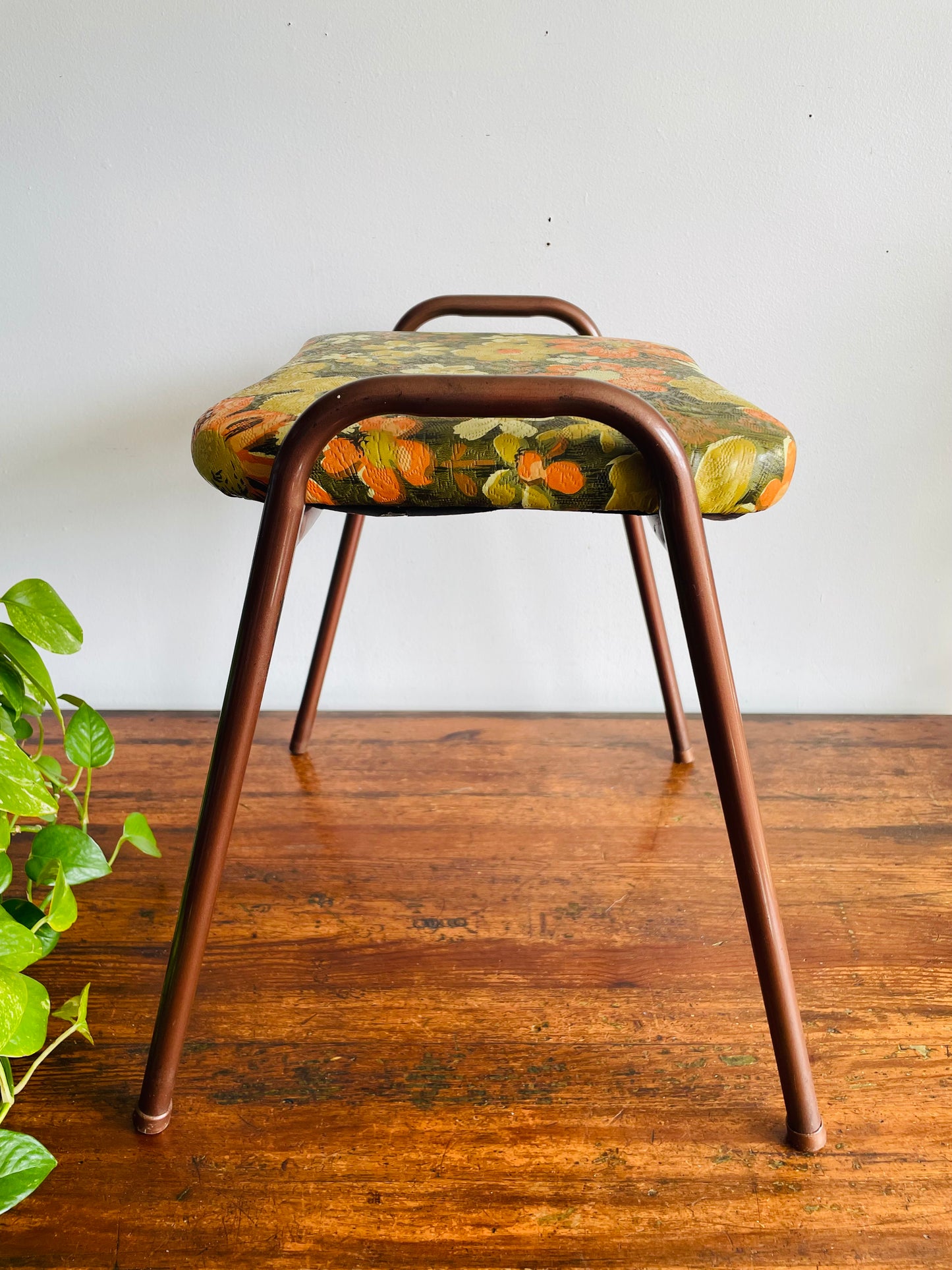 Vintage 1968 Perfect Chrome Furniture Co. Stackable Stool Chair with Vinyl Cushion - Groovy Green, Orange & Cream Flower Power Pattern - Made in Toronto
