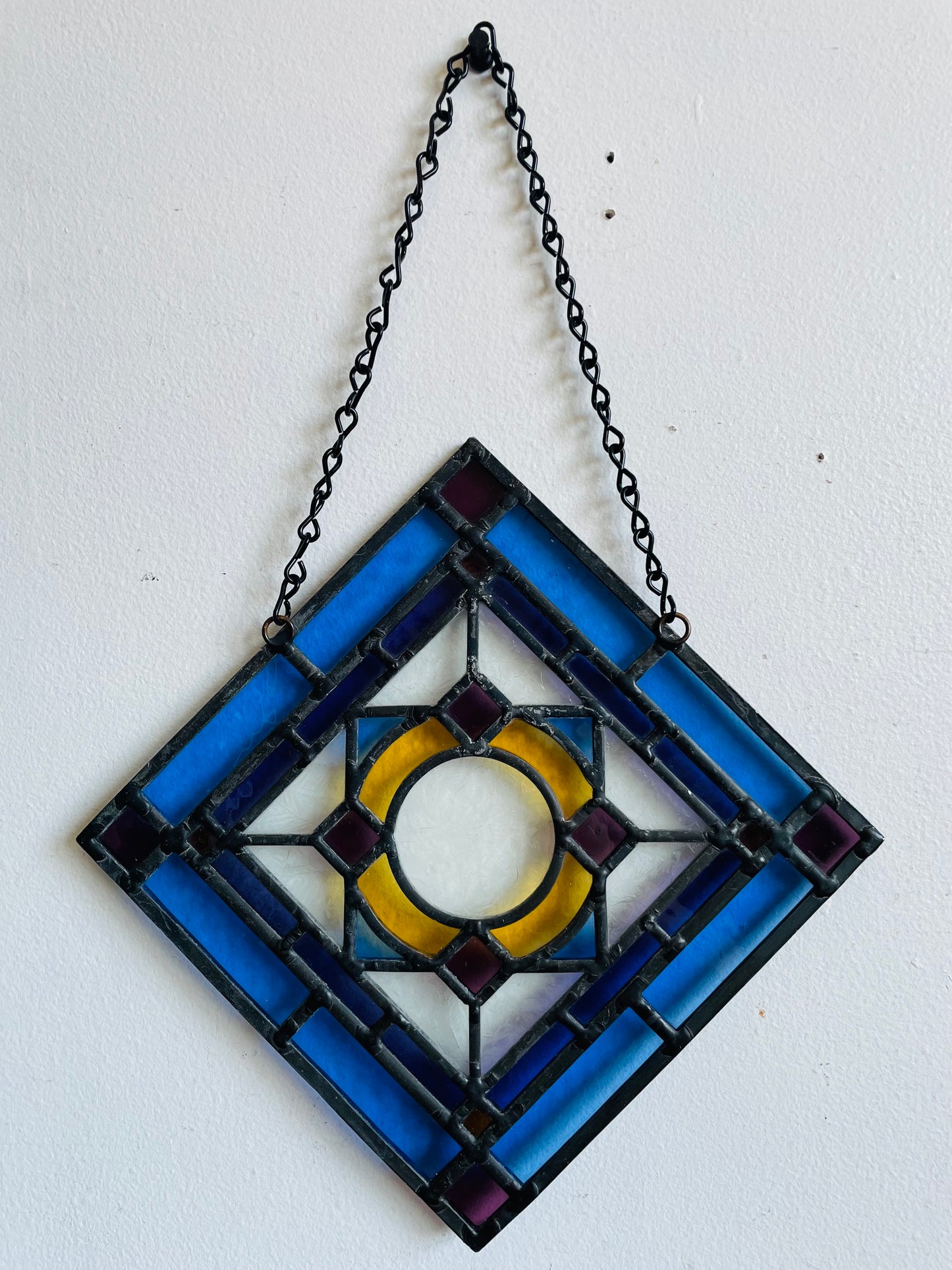 Vintage Hanging Blue, Purple & Yellow Stained Glass Suncatcher Window Decor