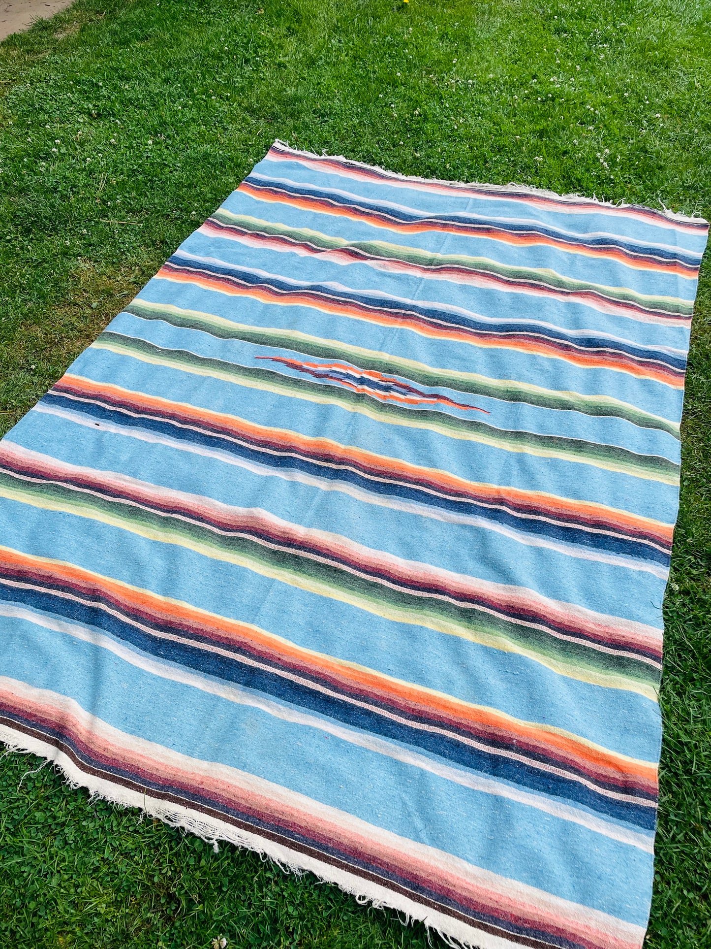 Very Large Mexican Blanket with Stripes & Aztec Pattern - AS-IS
