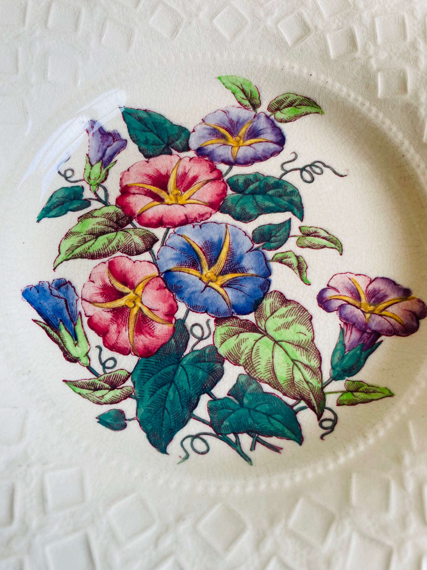 Vintage 1940s Morning Glory Wedgwood Etruria England Bowl Dish with Flower Design - Includes Wall Plate Hanger but Could Use Without