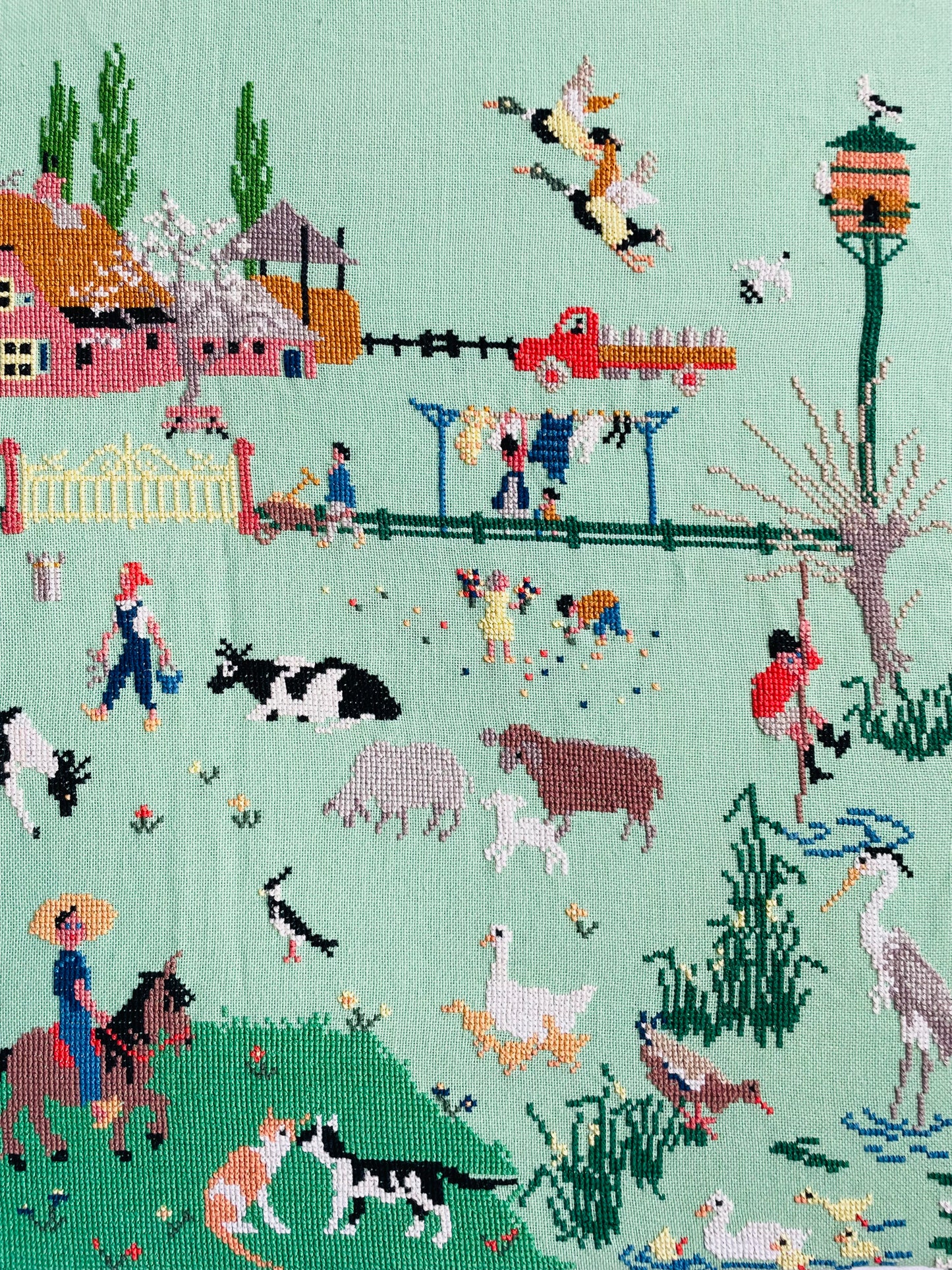 Vintage Absolutely Adorable Mies Bloch Dutch Farm Scene Needlepoint Embroidery Picture on Seafoam Green Background - 18" x 24"