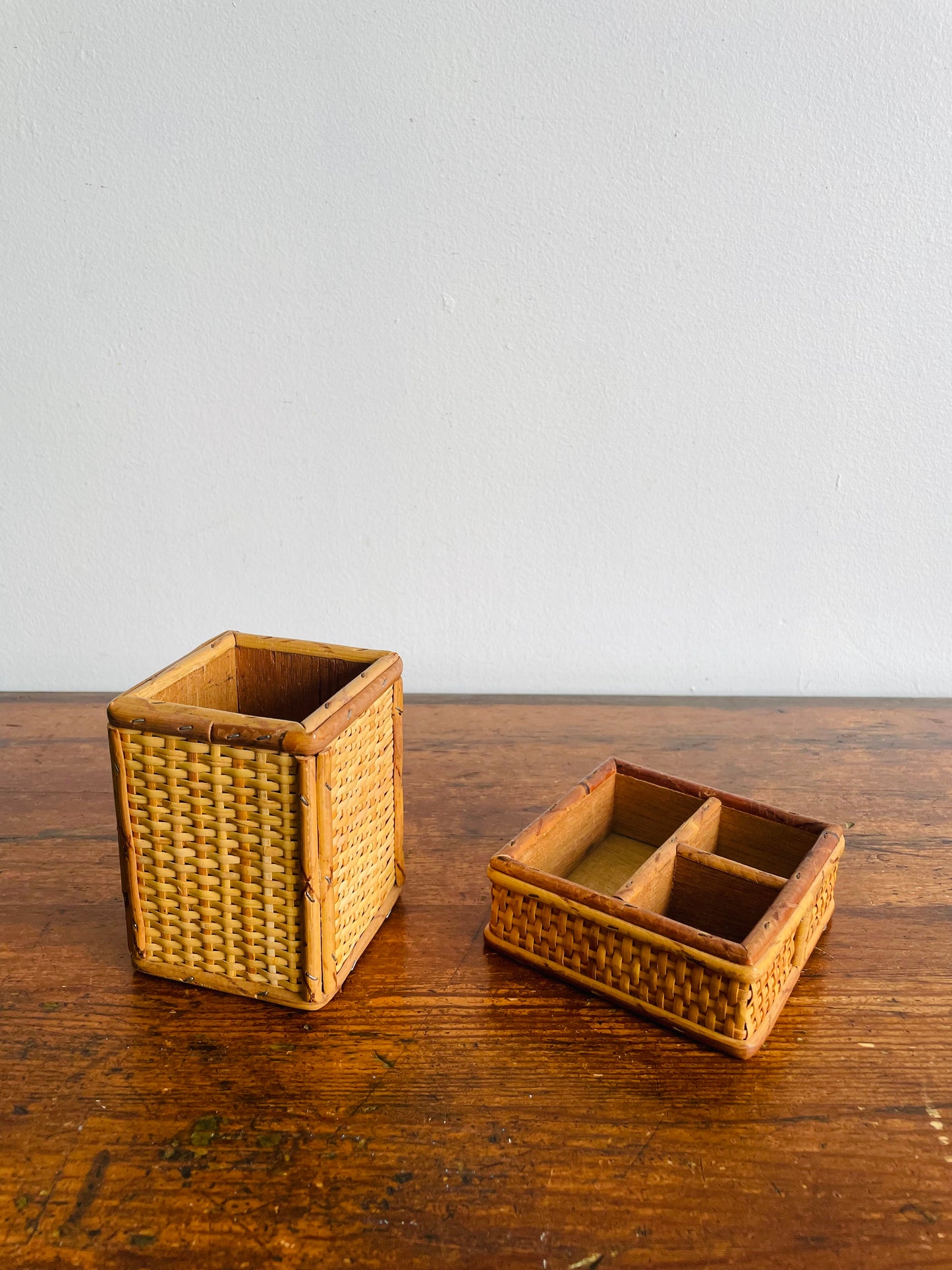 Wicker & Wood Desk or Vanity Organizer Box Compartment & Pencil Cup - Made in Hong Kong - Set of 2 Pieces