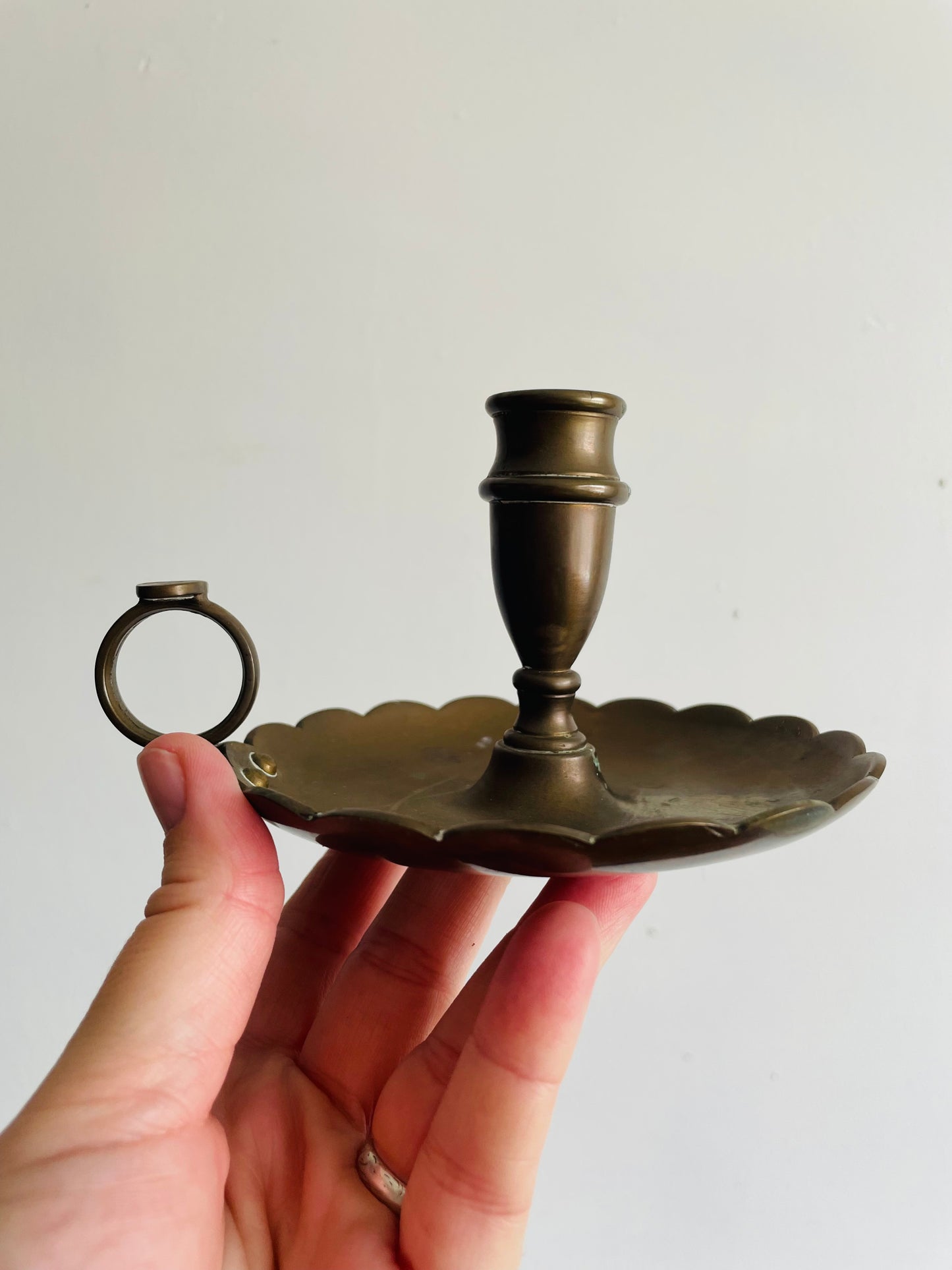 Antique Heavy & Solid Brass Chamberstick Candle Holder with Scalloped Edge