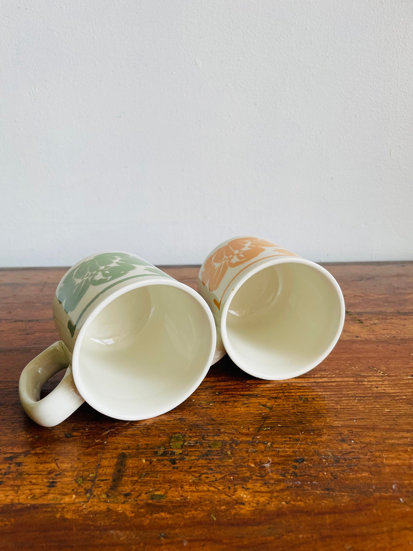 Mustard Yellow & Green Flower Mugs - WP Made in England - Set of 2