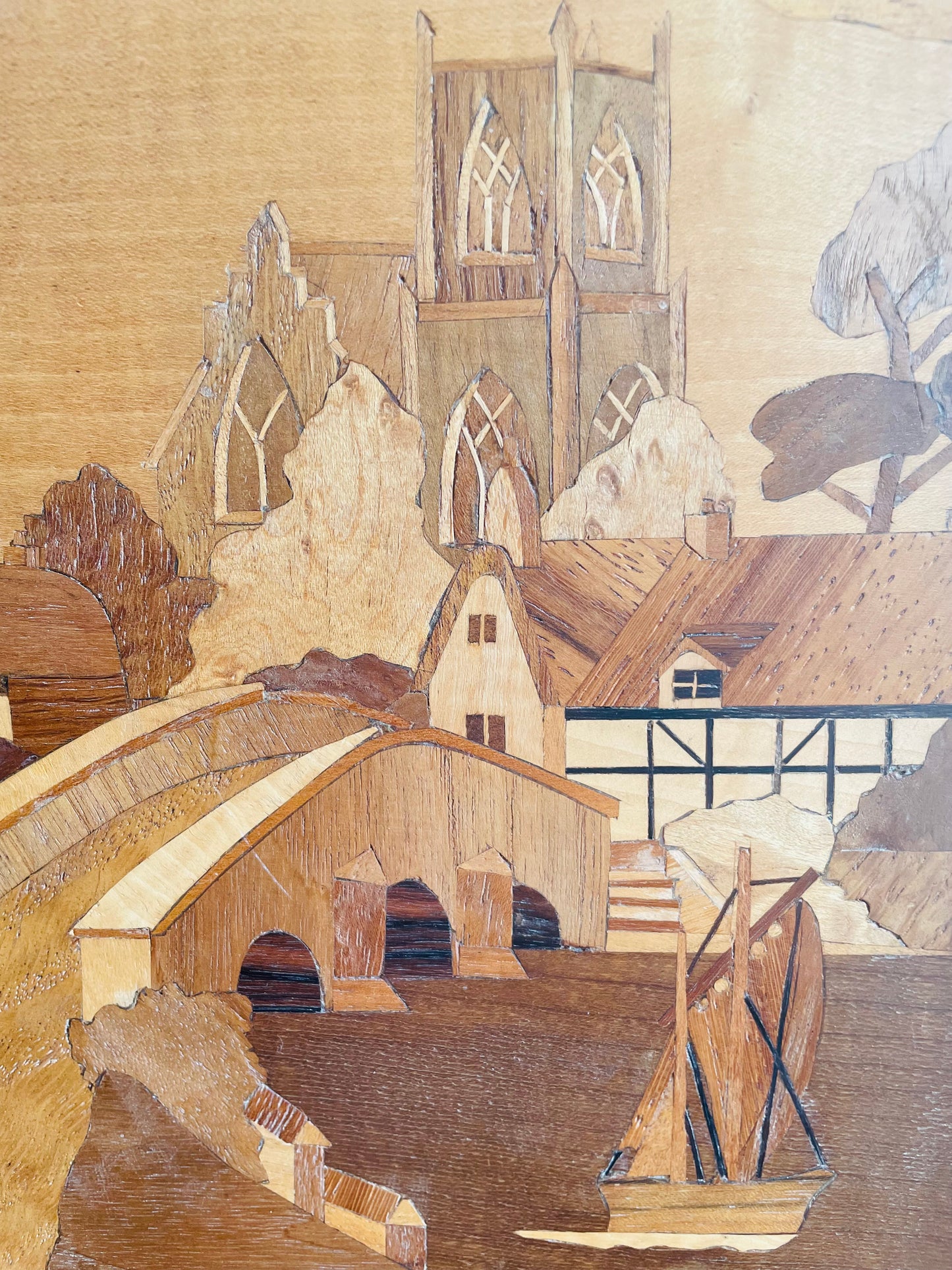 Handmade Framed Inlaid Wood Marquetry Picture - The Village Church by Harold Hurst
