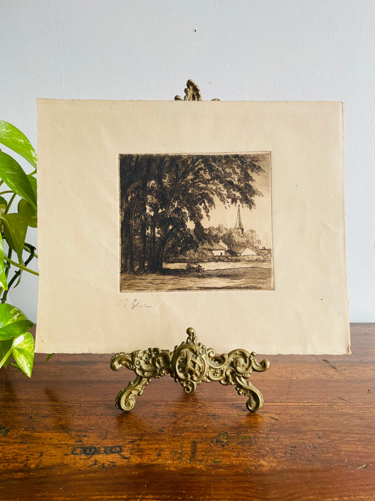 Etched Picture of Cow Grazing Under Tree with Town & Steeple in Background - Artist Signed