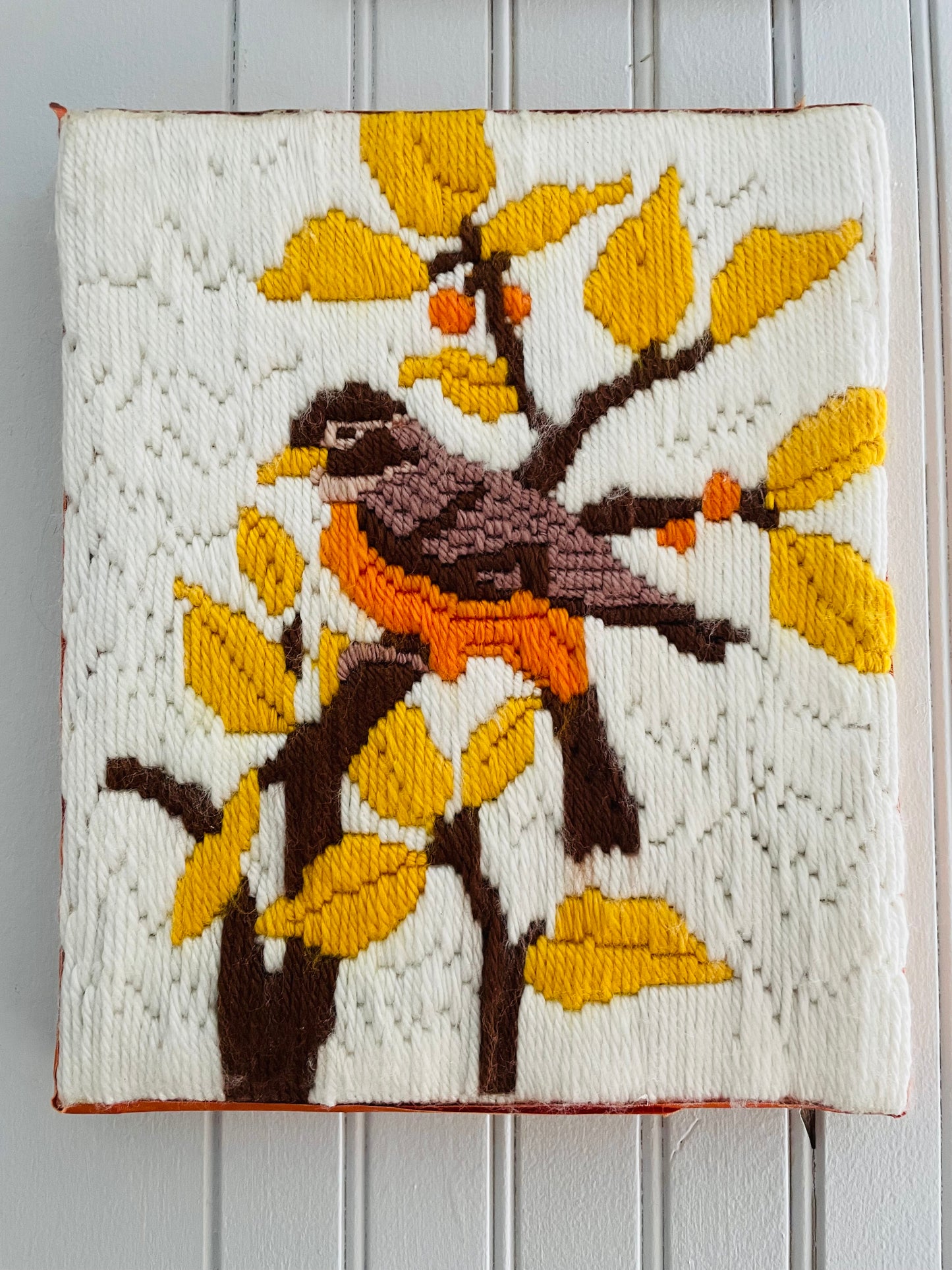Crewel Embroidery Picture of Robin Bird in Tree