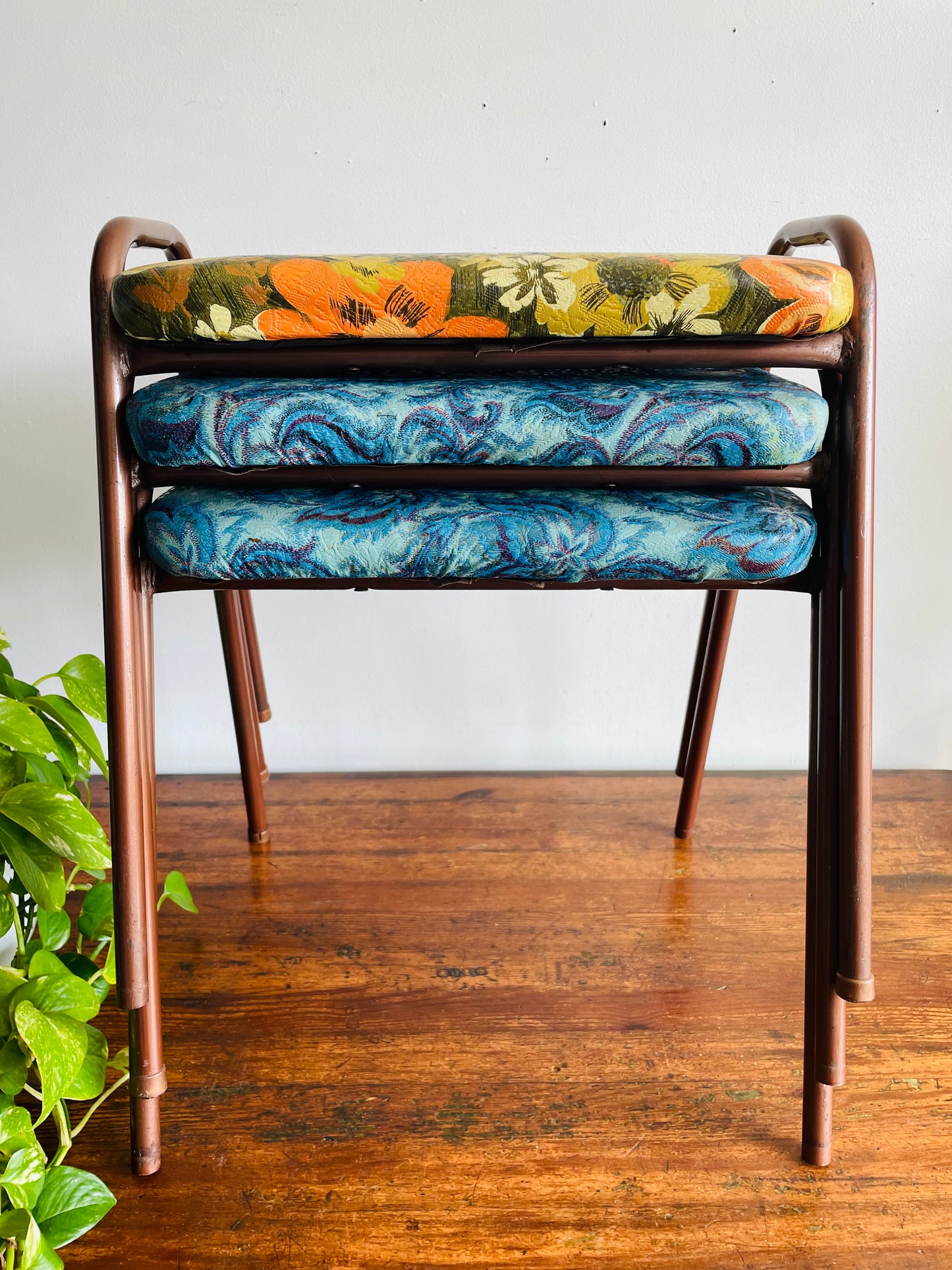 Vintage 1968 Perfect Chrome Furniture Co. Stackable Stool Chair with Vinyl Cushion - Blue Floral Pattern #2 - Made in Toronto