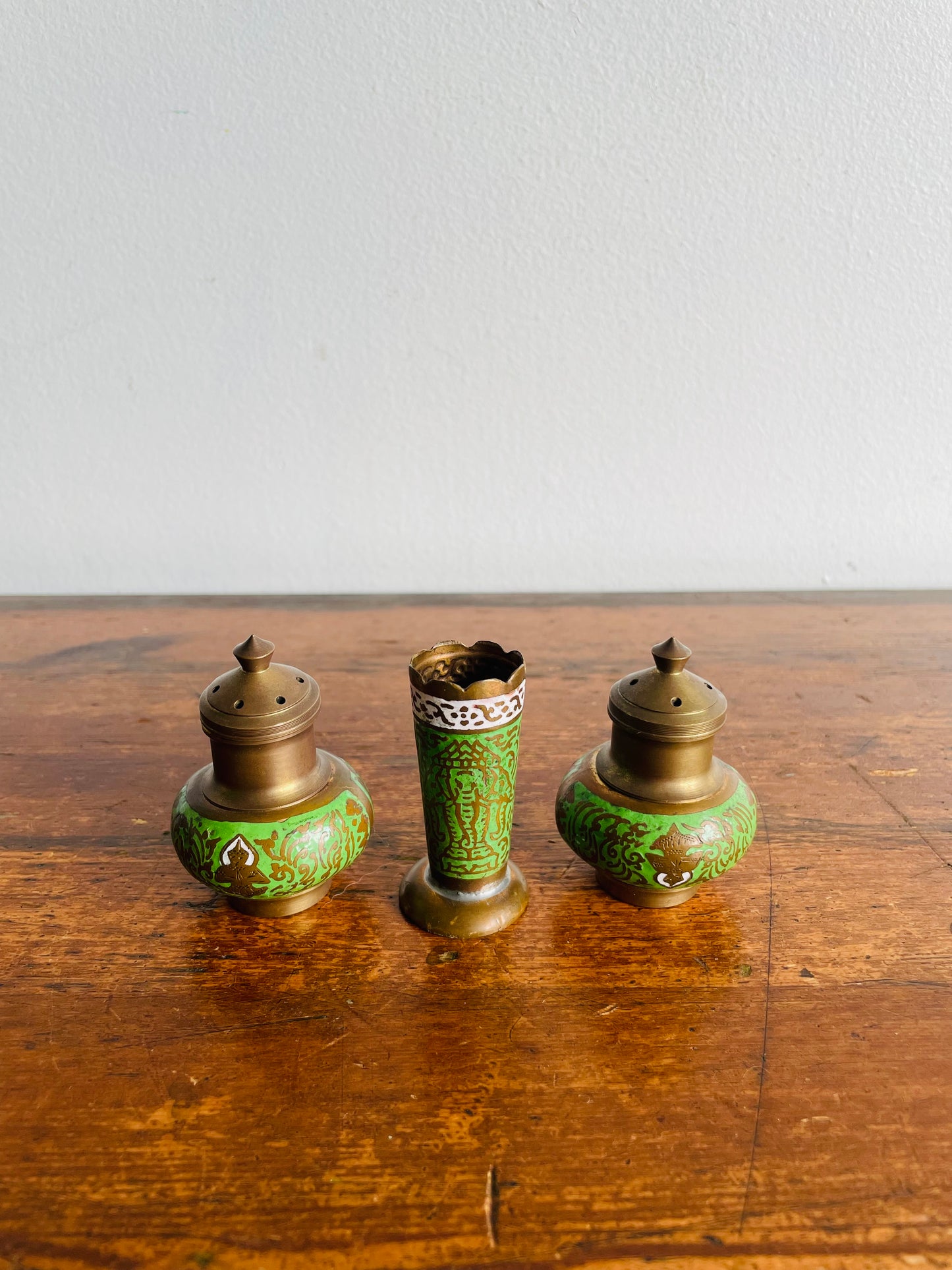 Brass & Enamel Table Set - Salt Shaker, Pepper Shaker, Toothpick Holder & Tray - Set of 4 Pieces