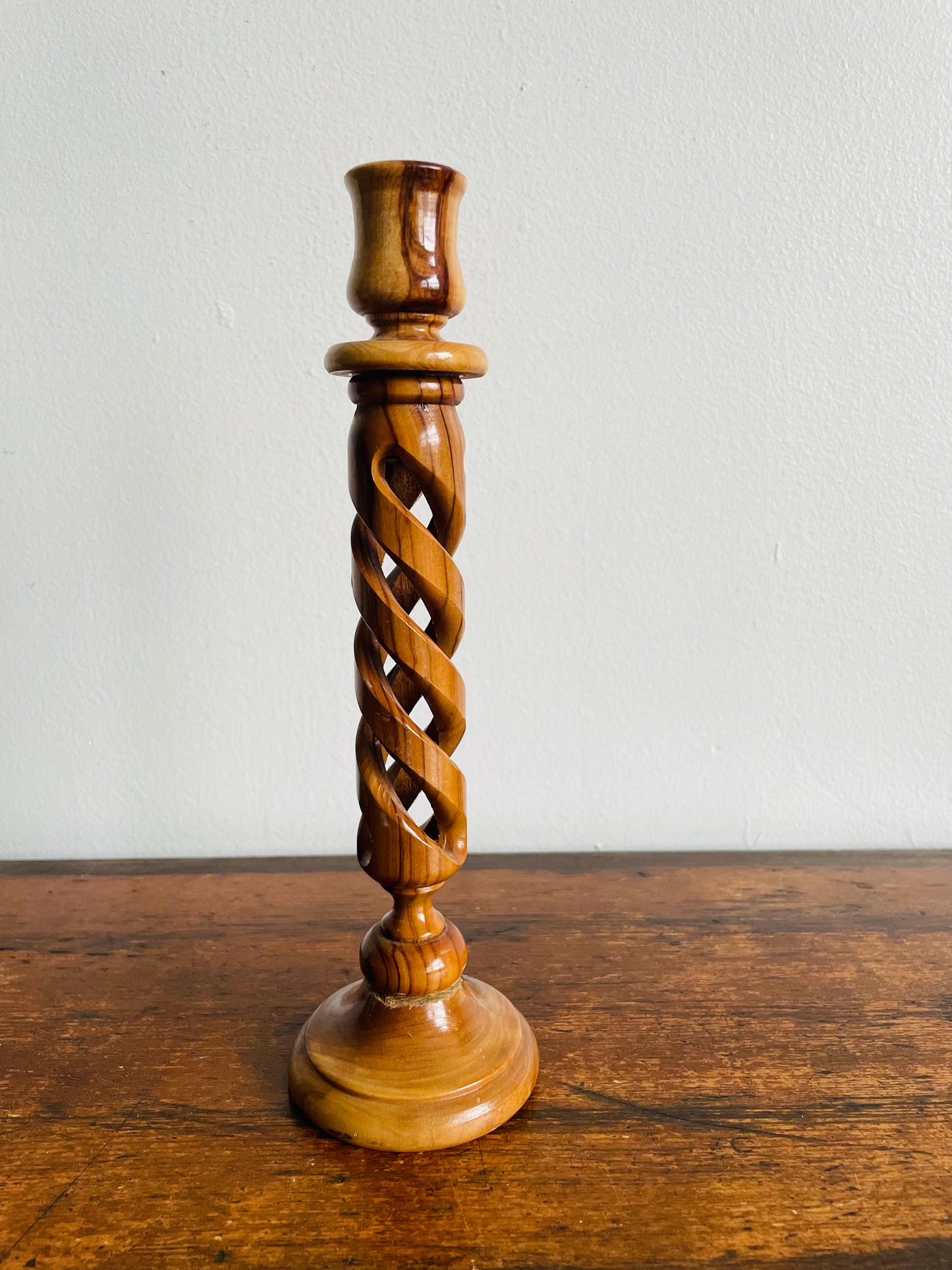 Olive Wood Twisted Spiral Candlestick Holder with Open Barley-Twist