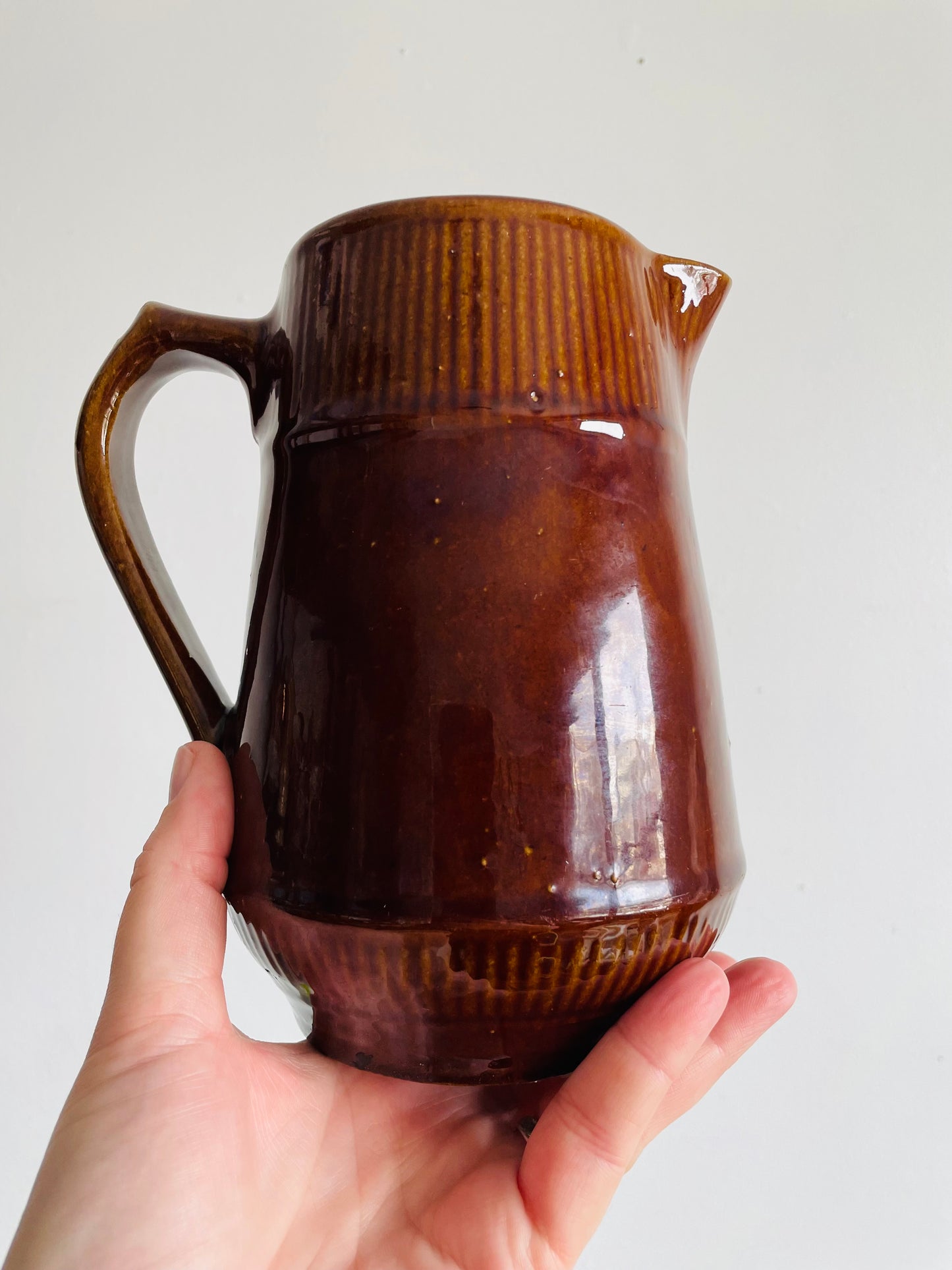 Brown Ribbed Pitcher Jug Vase with Handle
