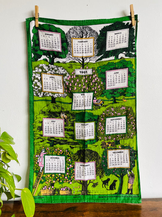 1981 Calendar Irish Linen Tea Towel with Adorable Garden Scene - Designed for the National Trust by Pat Albeck