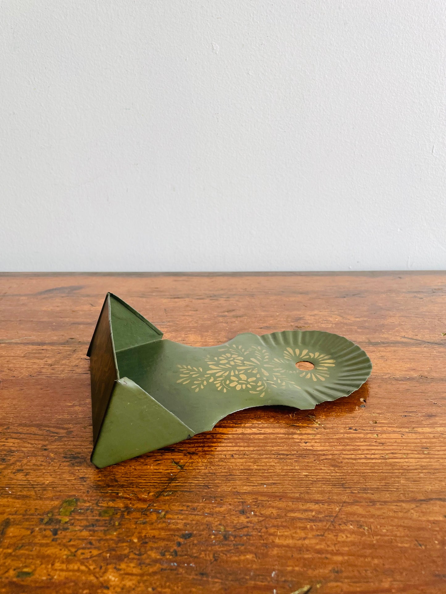 Antique 1880 Green Tin Toleware Match Safe - Wall Hanging Holder with Gold Flower Stencilled Design