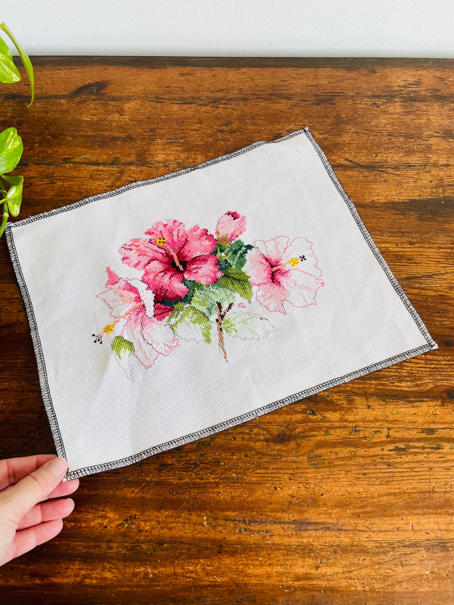 Needlepoint Embroidery Panel with Pink Hibiscus Flowers