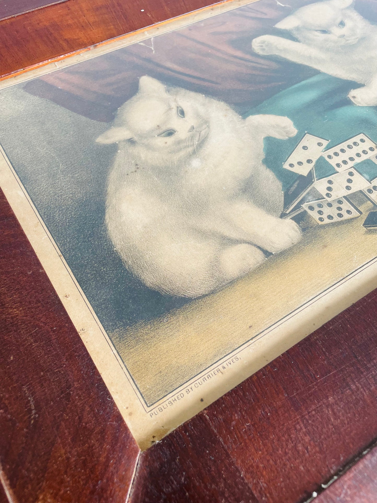 Antique Print Picture of Naughty Cats Knocking Over Dominoes - Currier & Ives 'My Little White Kitties - Playing Dominoes'