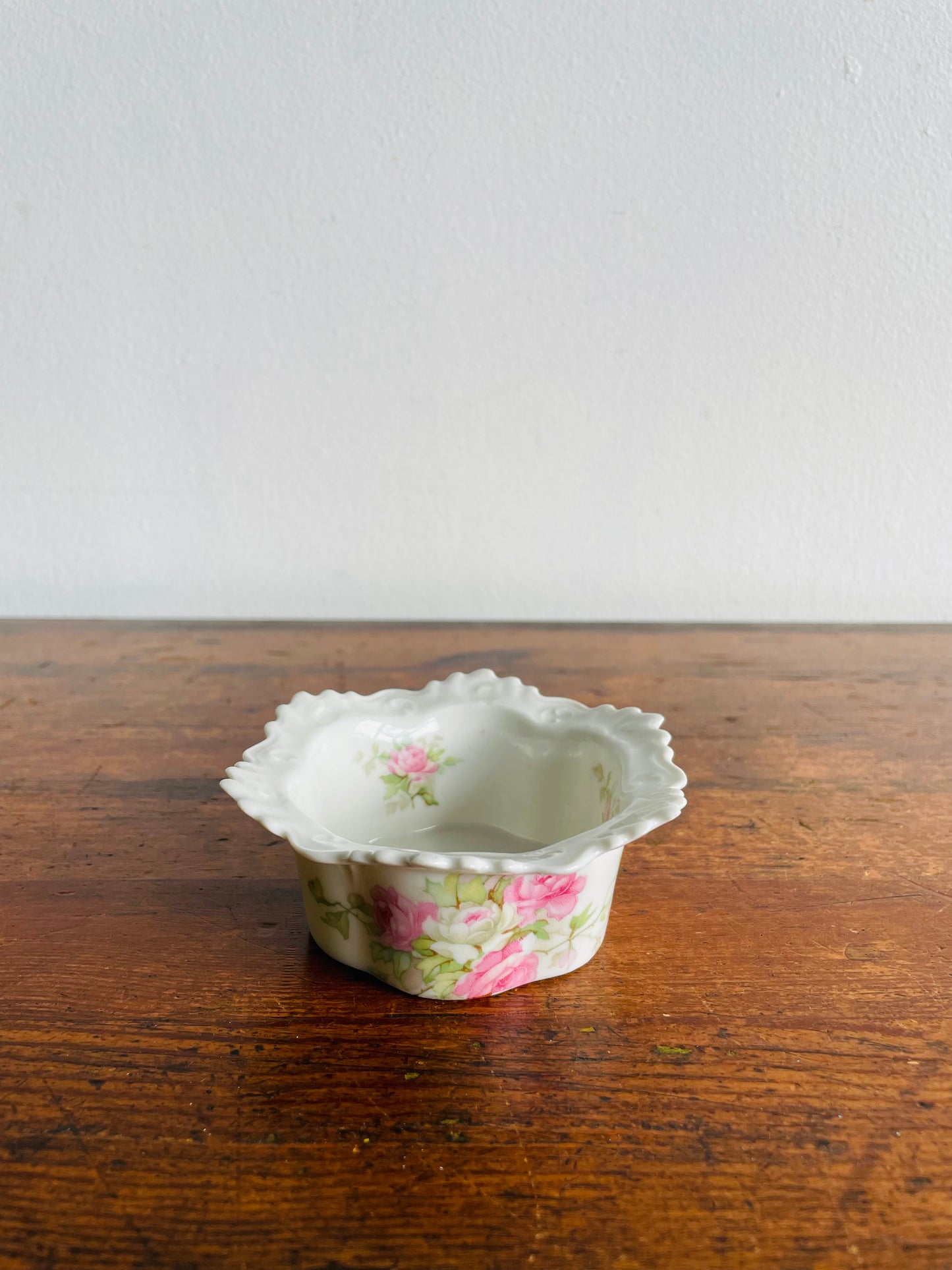 Antique MZ Moritz Zdekauer Austria Porcelain Ramekin or Custard Cup Dish with Pink Roses - Also Great for Jewellery!
