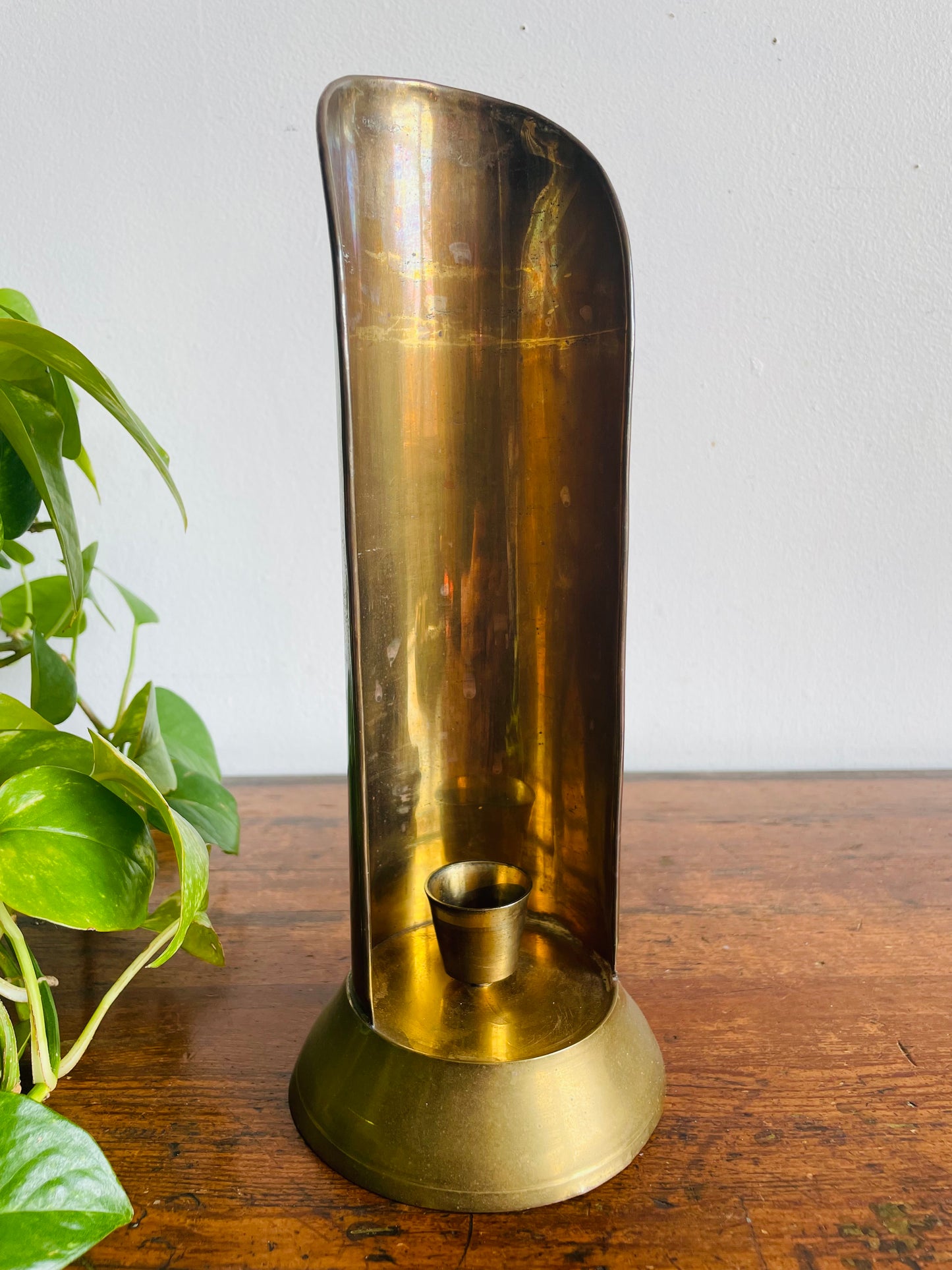 Vintage Brass Candle Holder Reflector Sconce - Handle on Back - Can Stand or Hang on Wall - Made in India