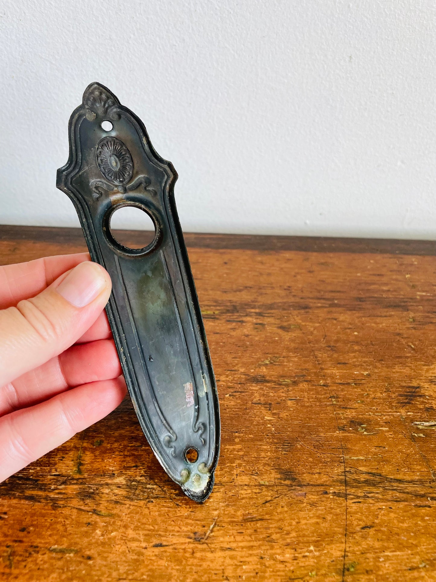 Antique Early 1900s "Landsdowne" Metal Escutcheon Doorplate by Sargent with Darker Patina - Architectural Salvage - As Found