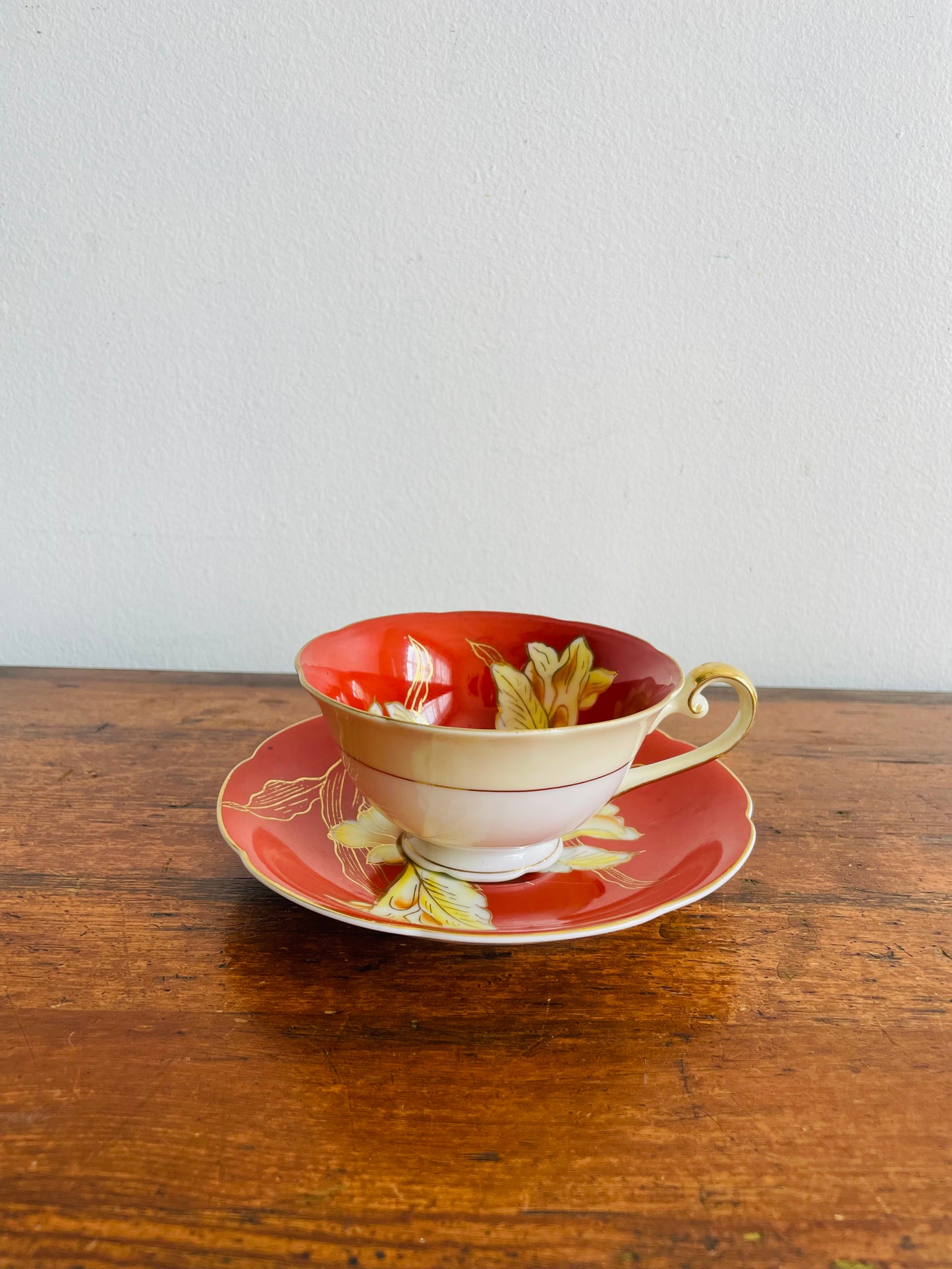1940s Diamond China Burnt Orange Tea Cup & Saucer with White Iris Flower Design - Made in Occupied Japan