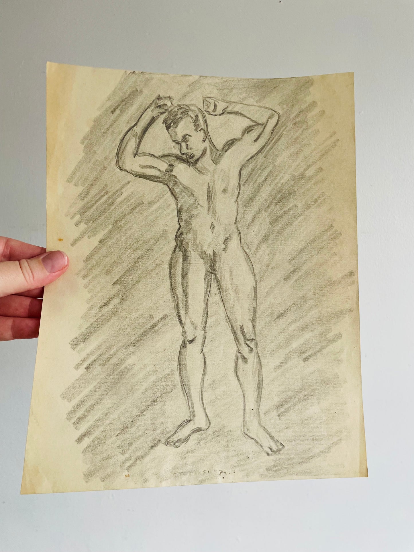 1950s Original Art Academic Study Pencil Sketch on Paper of Nude Man