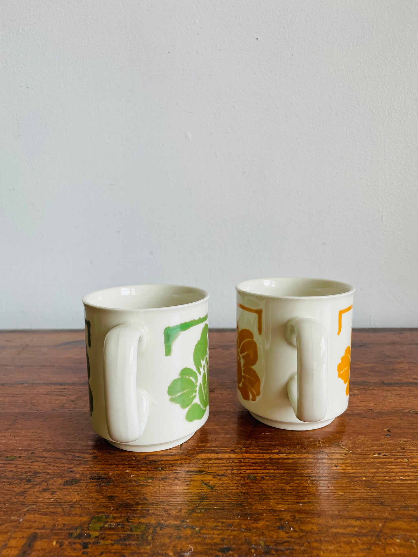 Mustard Yellow & Green Flower Mugs - WP Made in England - Set of 2