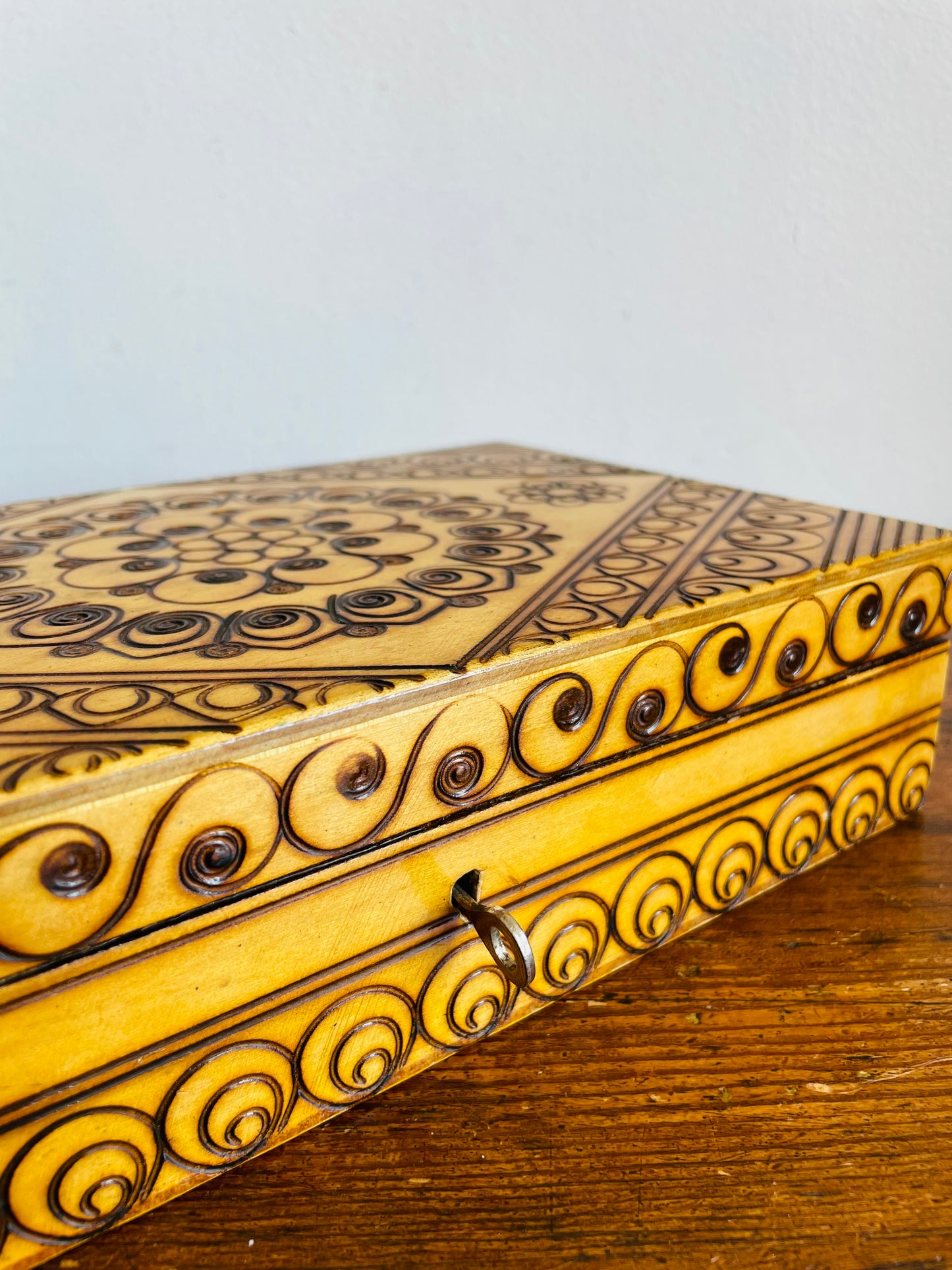 Vintage Polish Carved Wood & Pyrography Burned Folk Art Box - Has Hinged Lid & Skeleton Key to Lock