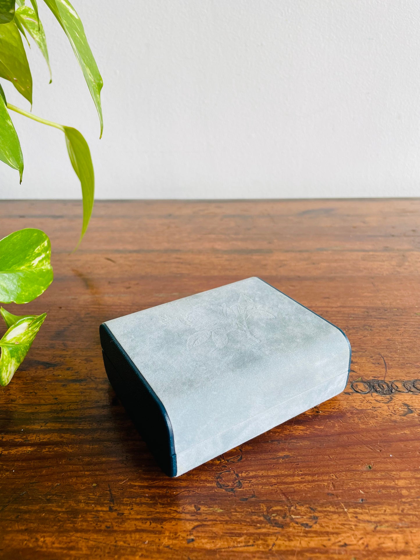 Design Philipp Hard Shell Powder Blue Velvet Jewellery Travel Case for Earrings with Rose Emblem - Has Mirror Inside & Can Hold 6 Pairs of Earrings - Made in Great Britain