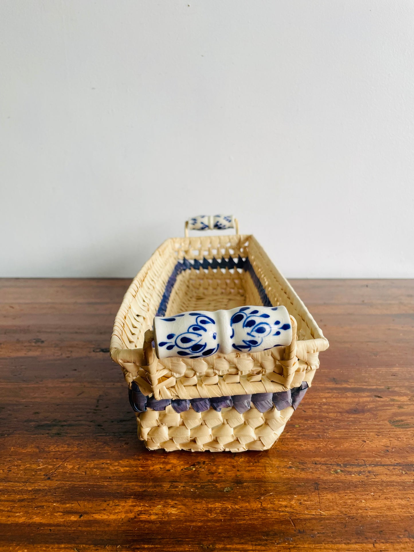 Light Woven Basket with Blue Stripe & Ceramic Handles