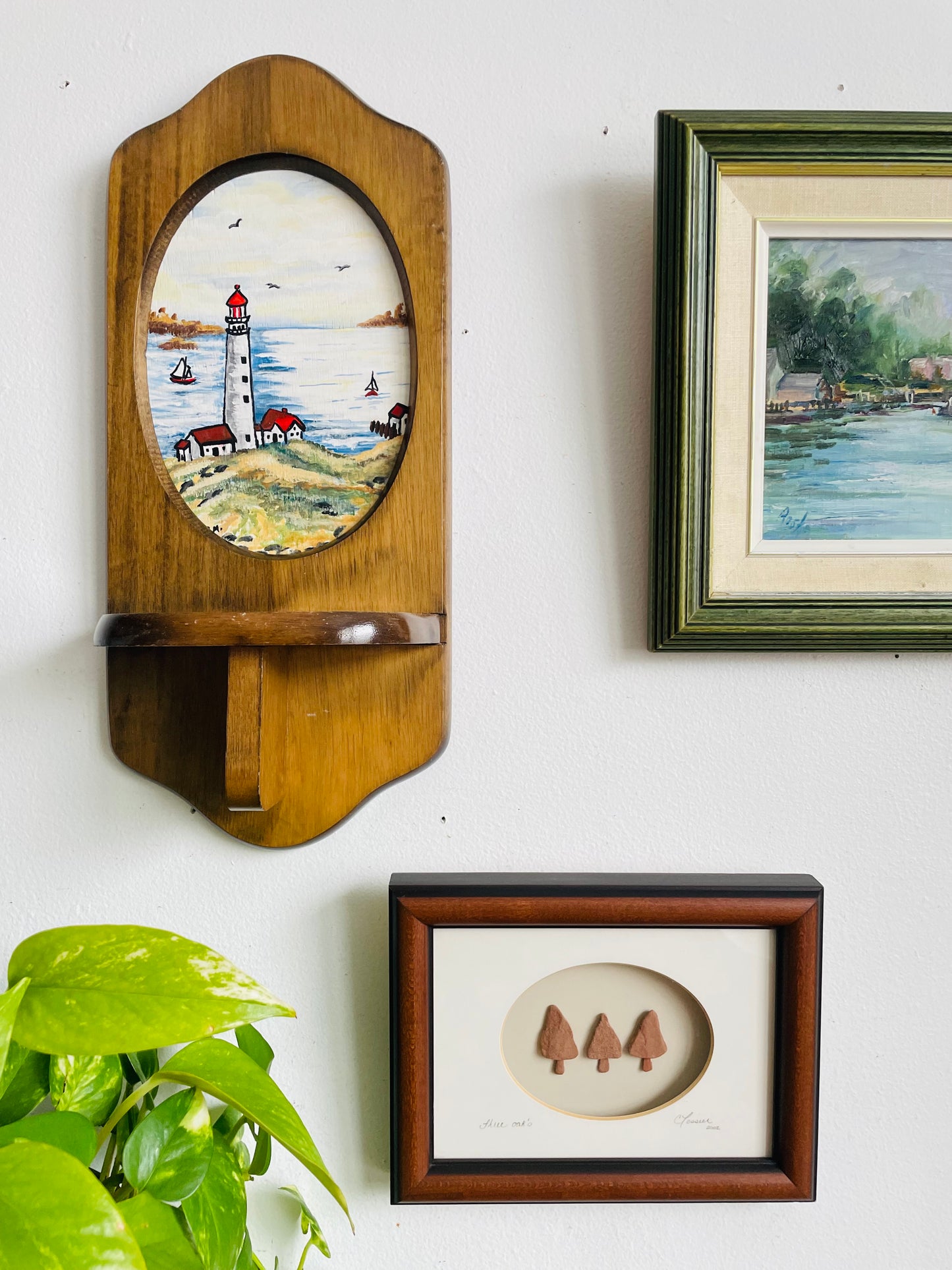 Vintage Original Art Painting of Lighthouse Nautical Scene in Hanging Wood Wall Shelf Ledge - Artist Signed