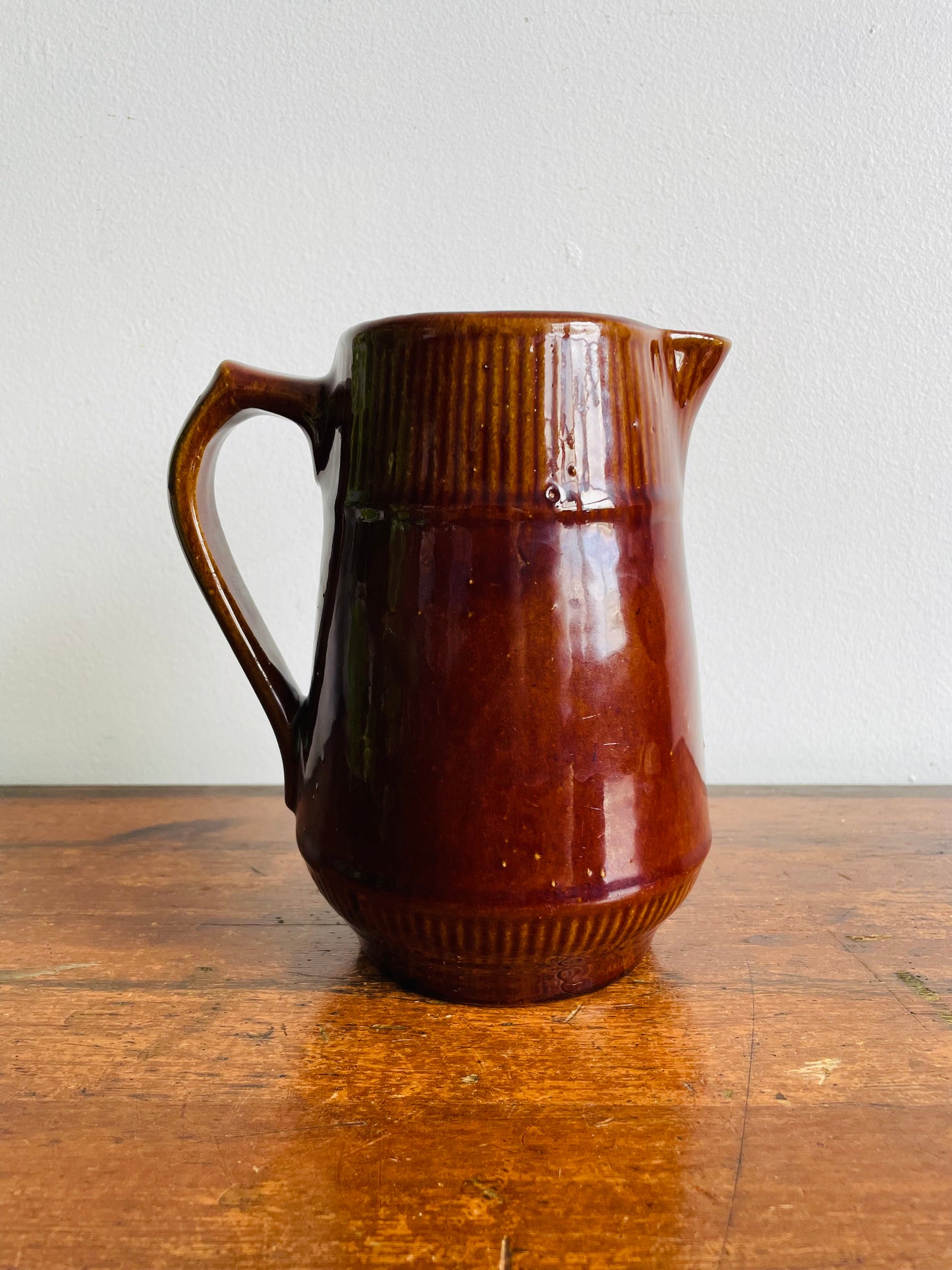 Brown Ribbed Pitcher Jug Vase with Handle