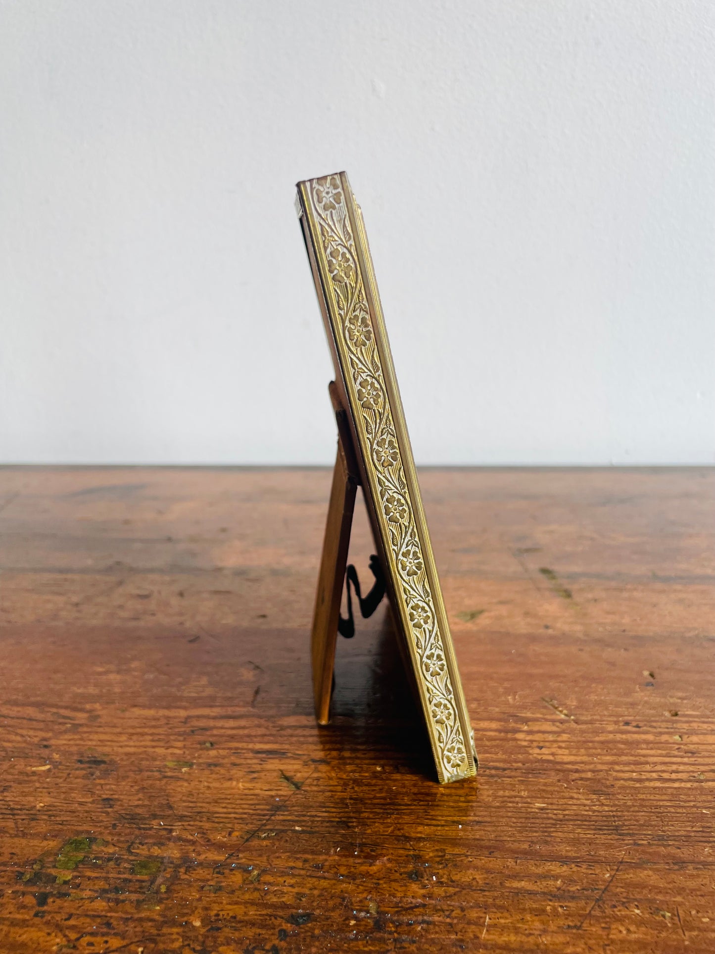 Aged Patina Brass Picture Frame with Etched Details - Easel Prop for Standing - 3.25" by 5.25" Photo Size