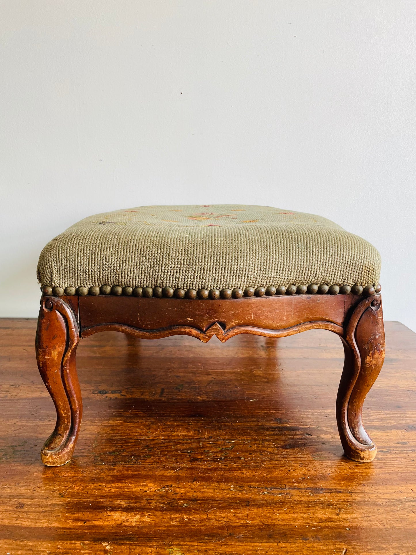 Antique Victorian Solid Wood & Floral Needlepoint Embroidery Footstool