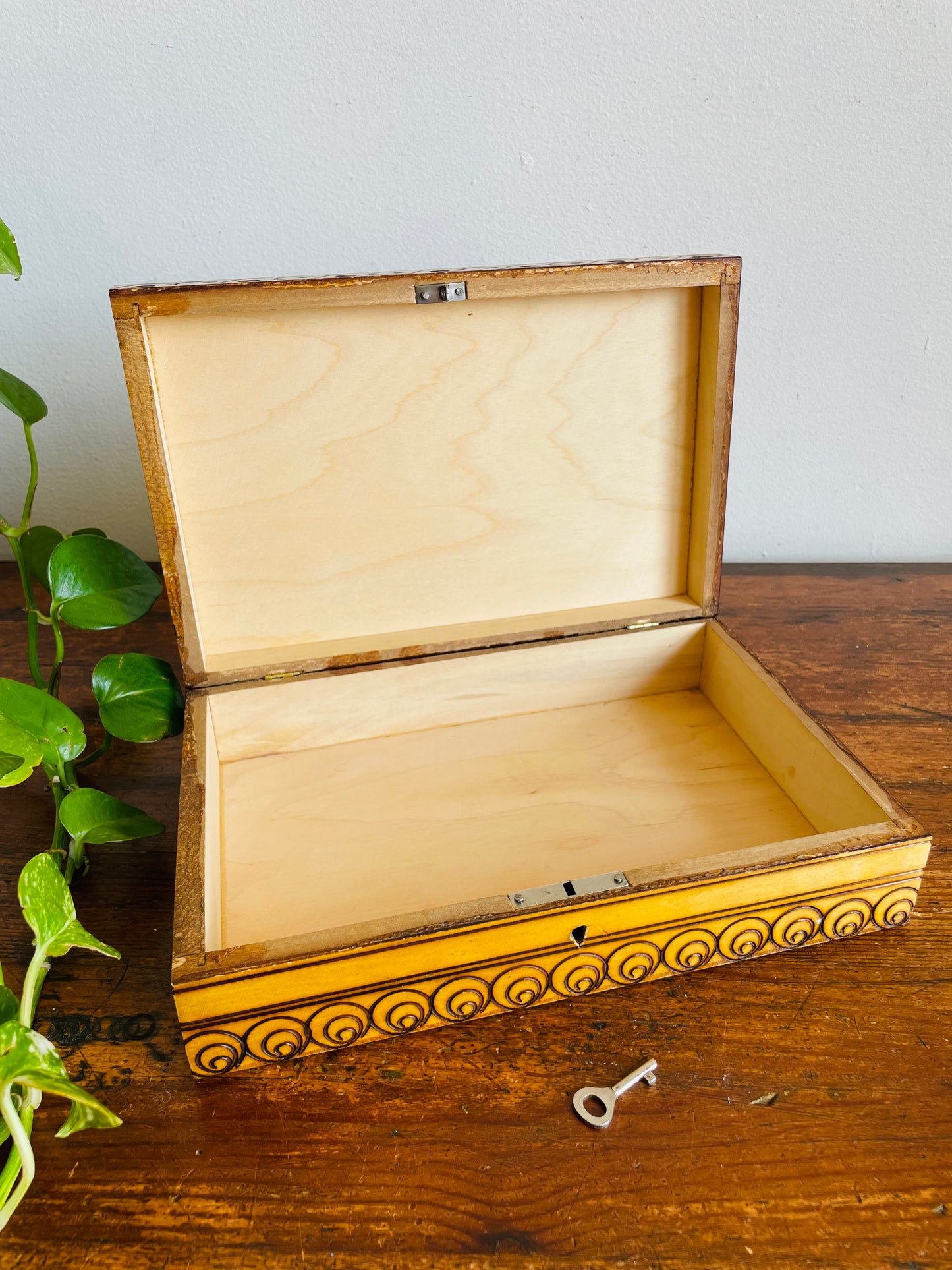 Vintage Polish Carved Wood & Pyrography Burned Folk Art Box - Has Hinged Lid & Skeleton Key to Lock