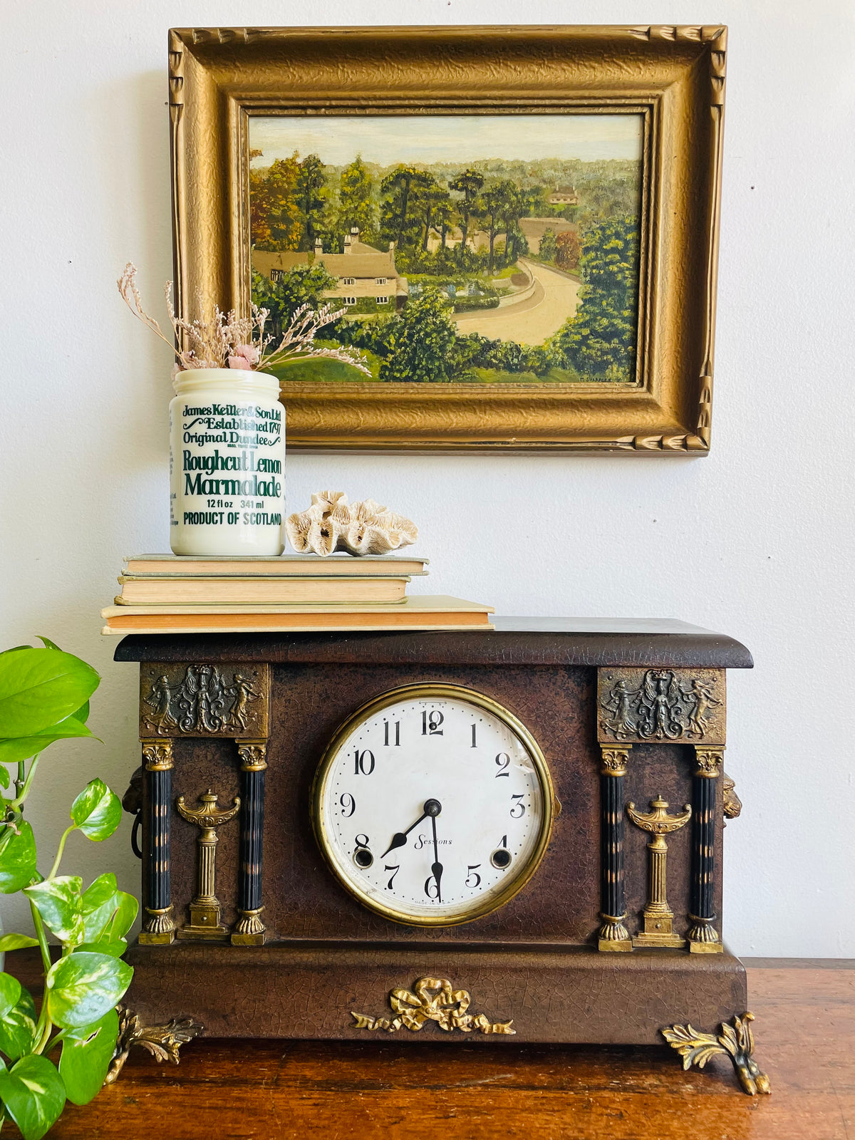 Antique Sessions Clock Company Mechanical Mantle Clock with Ornate Brass Details, Claw Feet & Lion Head Handles - Regent Eight Day Half-Hour Strike Model - Untested